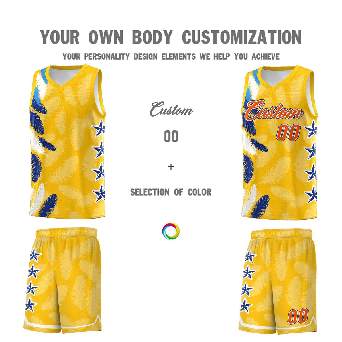 Custom Youth Basketball Jersey Gold Orange Feather Series Sports Uniform