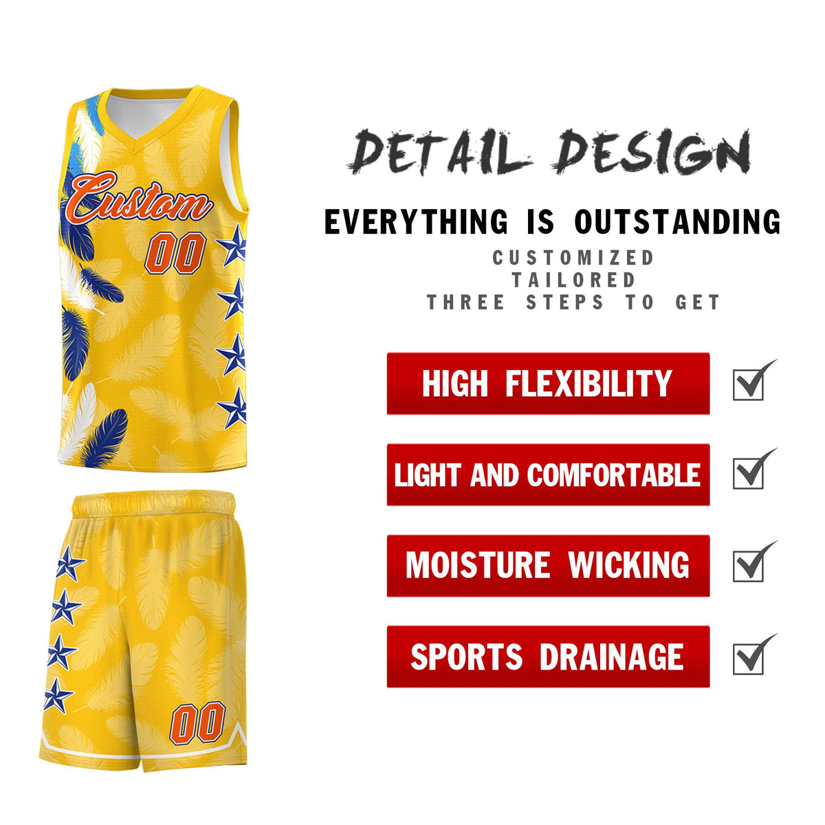 Custom Youth Basketball Jersey Gold Orange Feather Series Sports Uniform