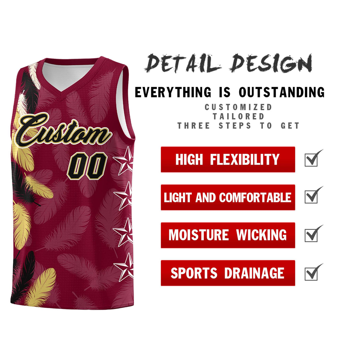 Custom Youth Basketball Jersey Crimson Black Feather Series Sports Uniform