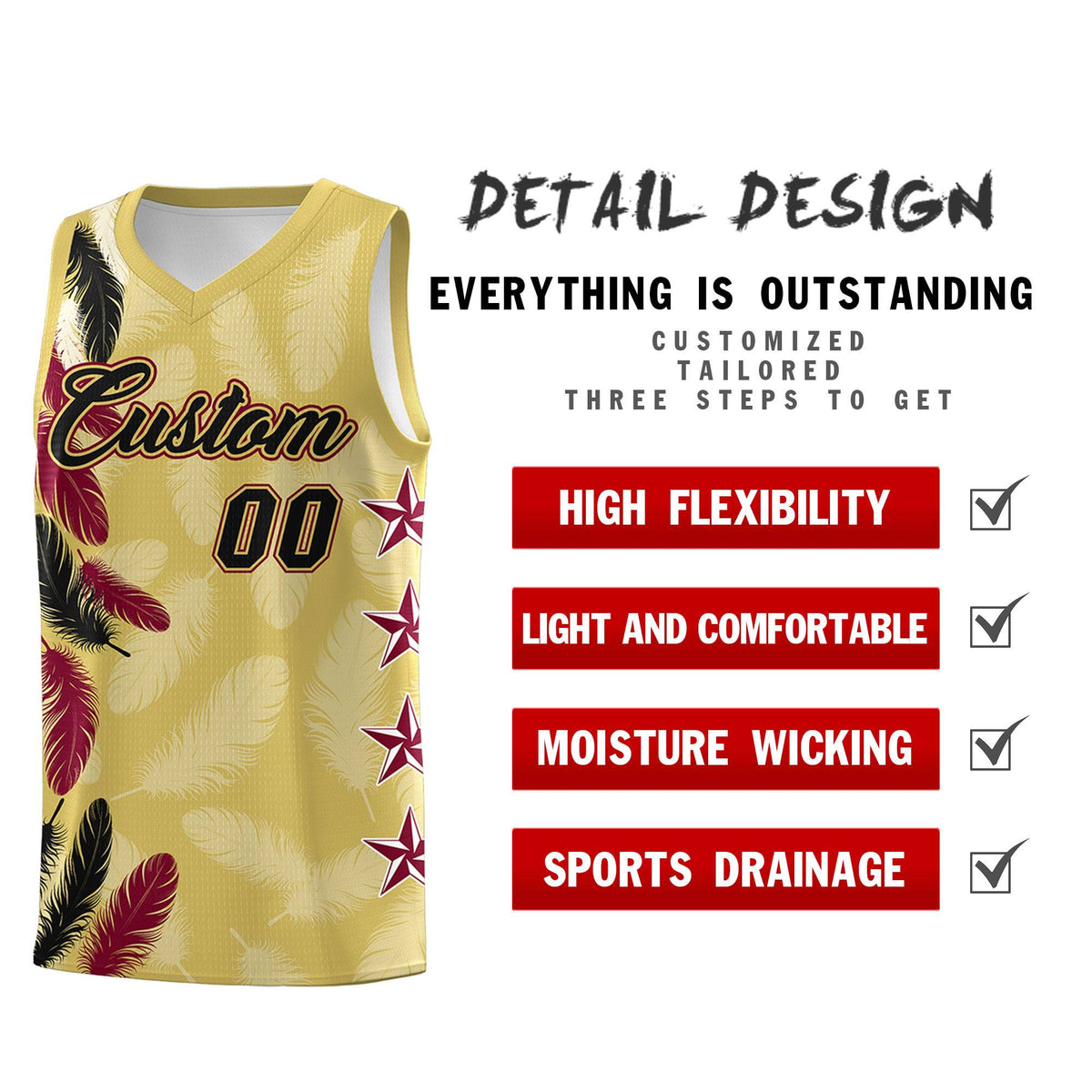 Custom Youth Basketball Jersey Old Gold Black Feather Series Sports Uniform