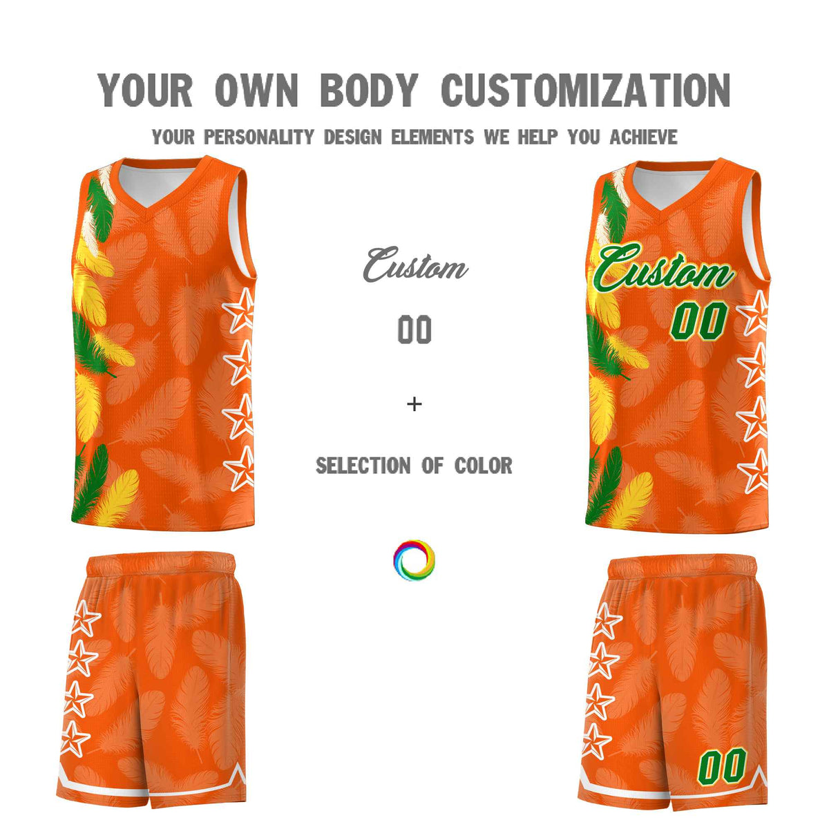 Custom Youth Basketball Jersey Orange Kelly Green Feather Series Sports Uniform