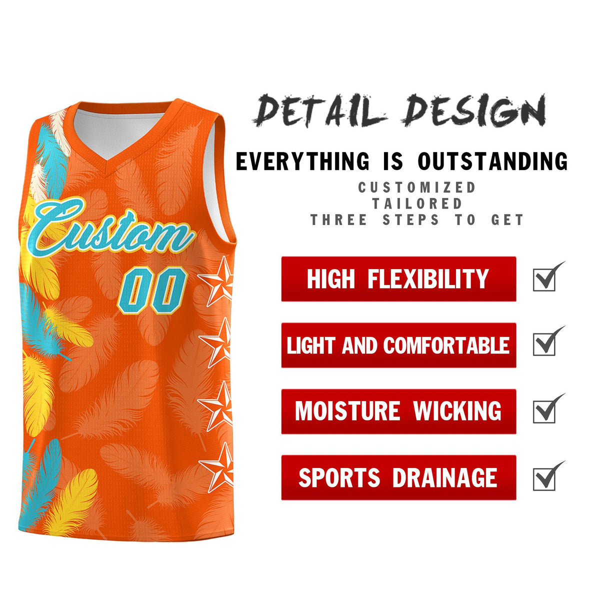 Custom Youth Basketball Jersey Orange Sky Blue Feather Series Sports Uniform