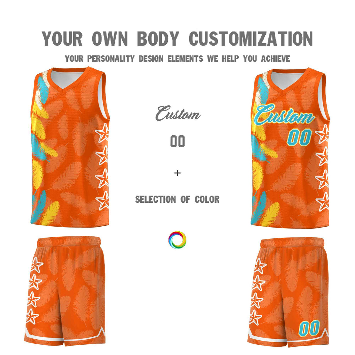 Custom Youth Basketball Jersey Orange Sky Blue Feather Series Sports Uniform