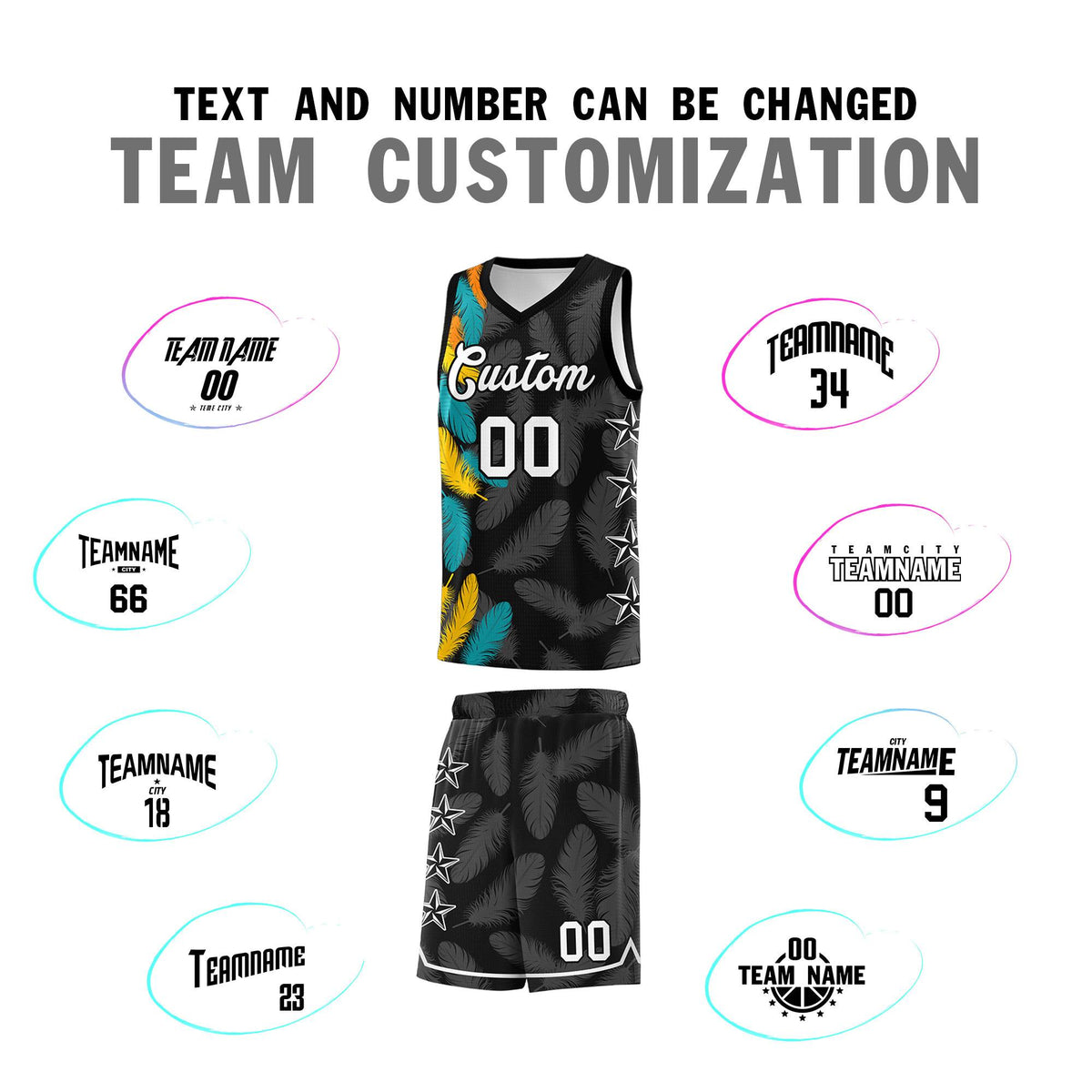 Custom Youth Basketball Jersey Black White Feather Series Sports Uniform