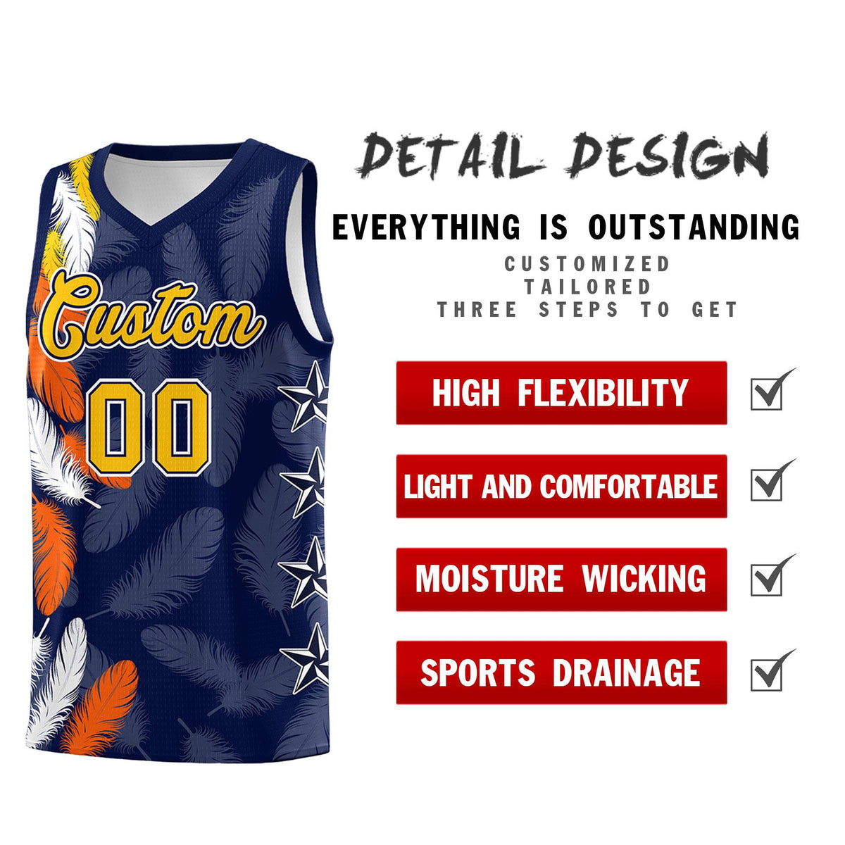 Custom Youth Basketball Jersey Navy Gold Feather Series Sports Uniform