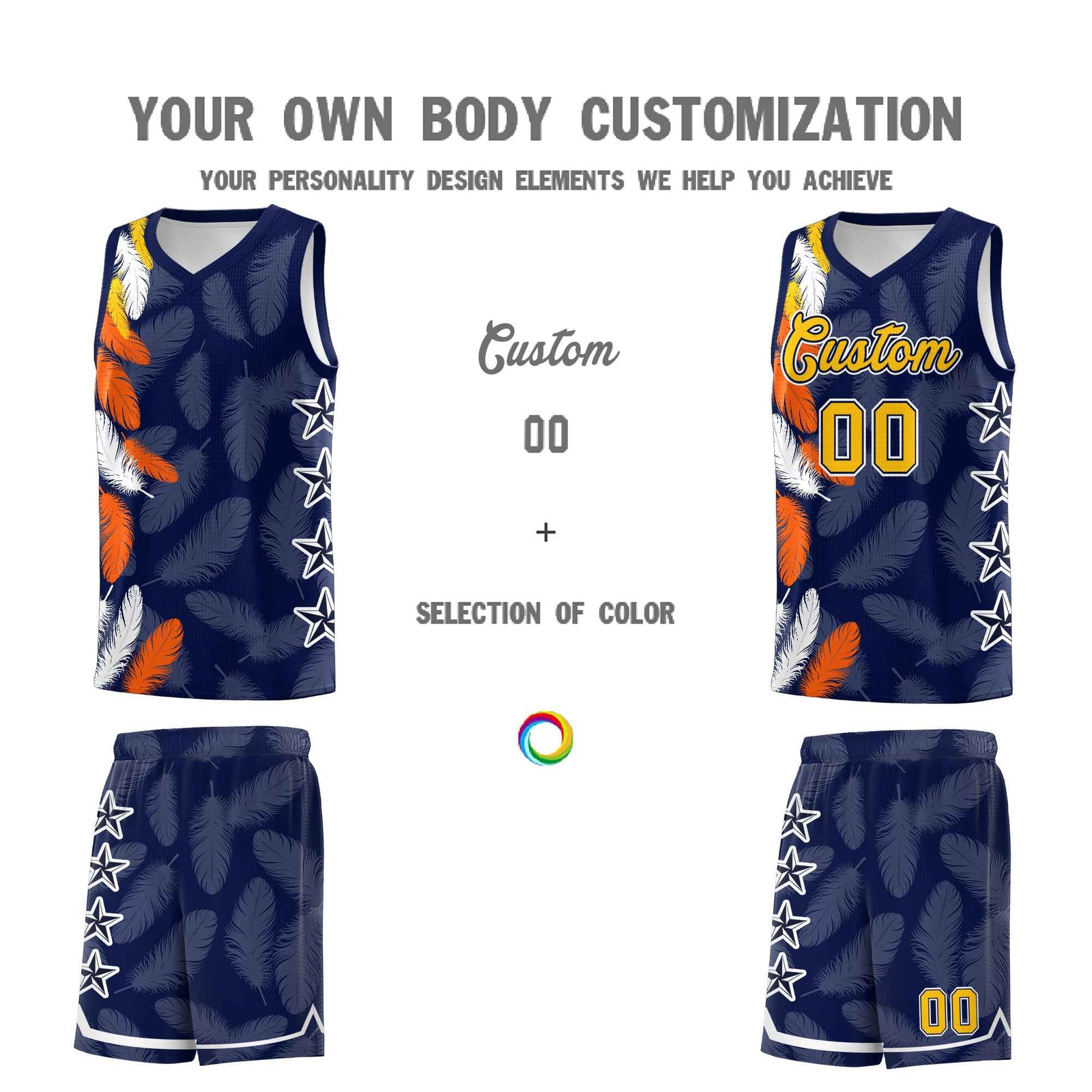 Custom Youth Basketball Jersey Navy Gold Feather Series Sports Uniform