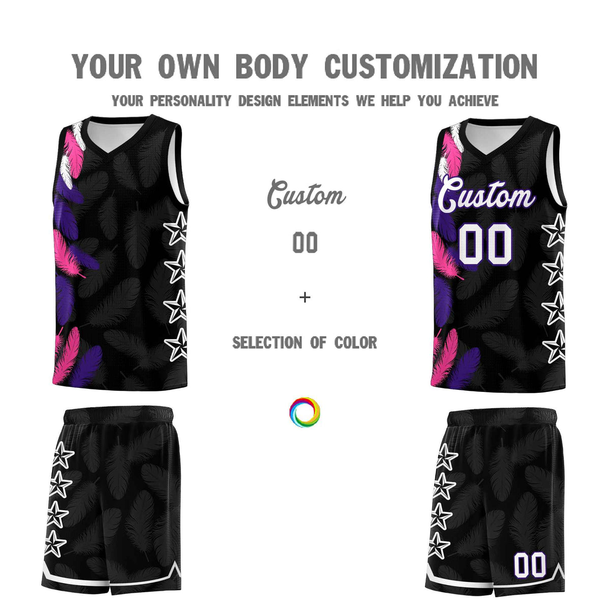 Custom Youth Basketball Jersey Black White Feather Series Sports Uniform