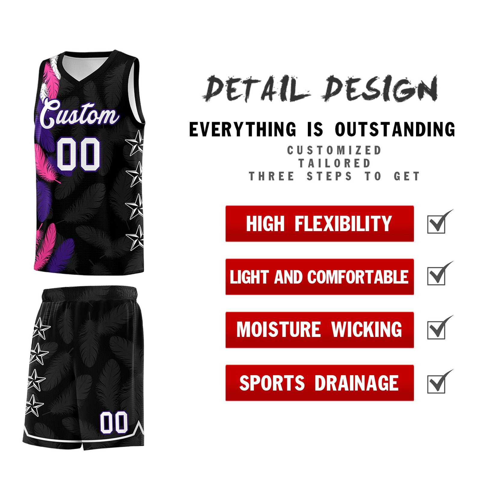 Custom Youth Basketball Jersey Black White Feather Series Sports Uniform