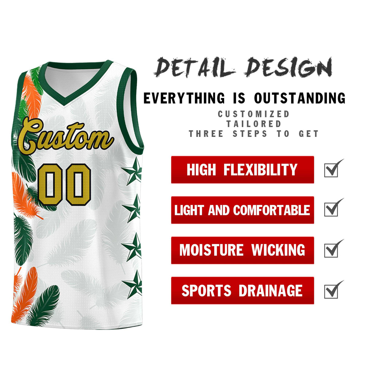 Custom Youth Basketball Jersey White Old Gold Feather Series Sports Uniform