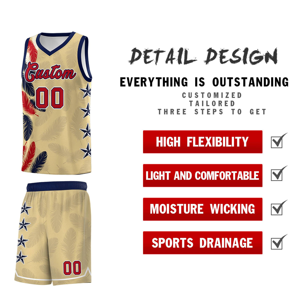 Custom Youth Basketball Jersey Khaki Red Feather Series Sports Uniform