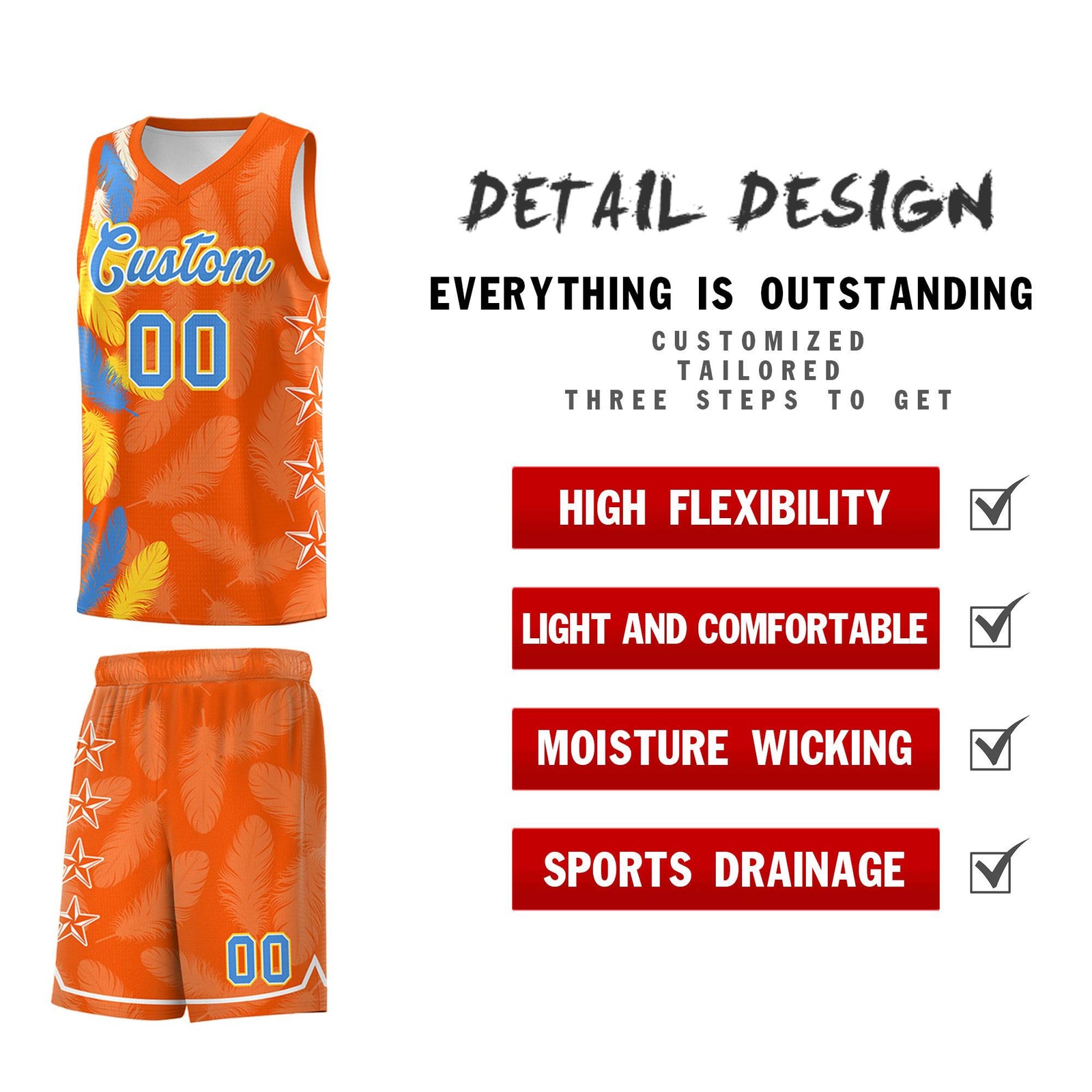 Custom Youth Basketball Jersey Orange Powder Blue Feather Series Sports Uniform