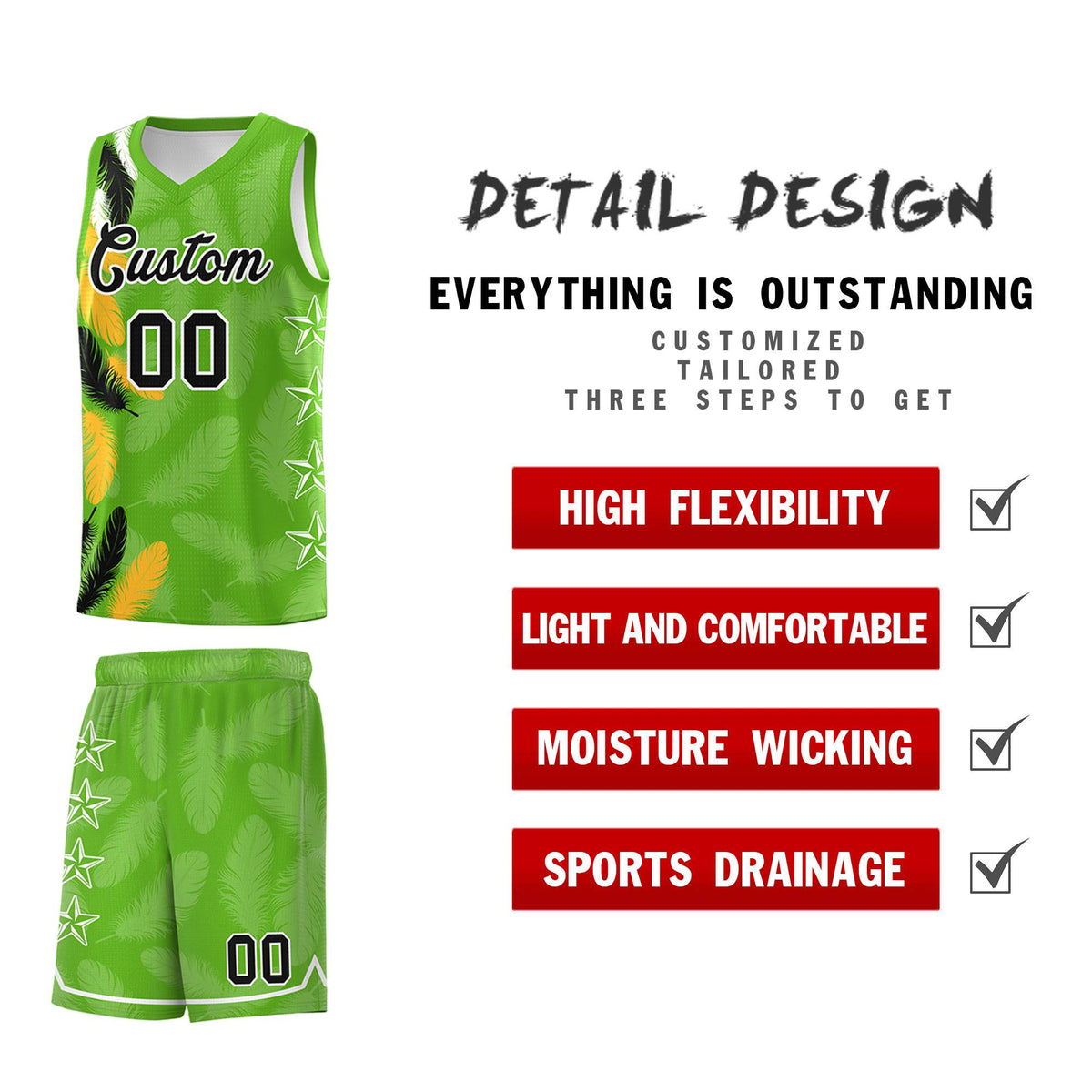 Custom Youth Basketball Jersey Neon Green Black Feather Series Sports Uniform