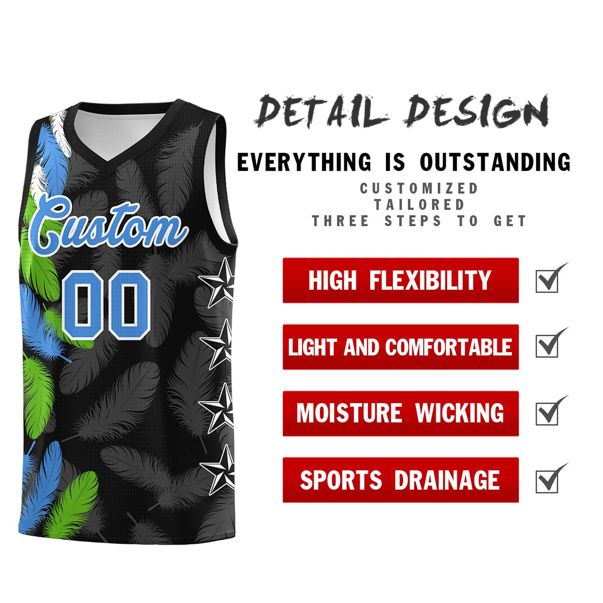 Custom Youth Basketball Jersey Black Powder Blue Feather Series Sports Uniform