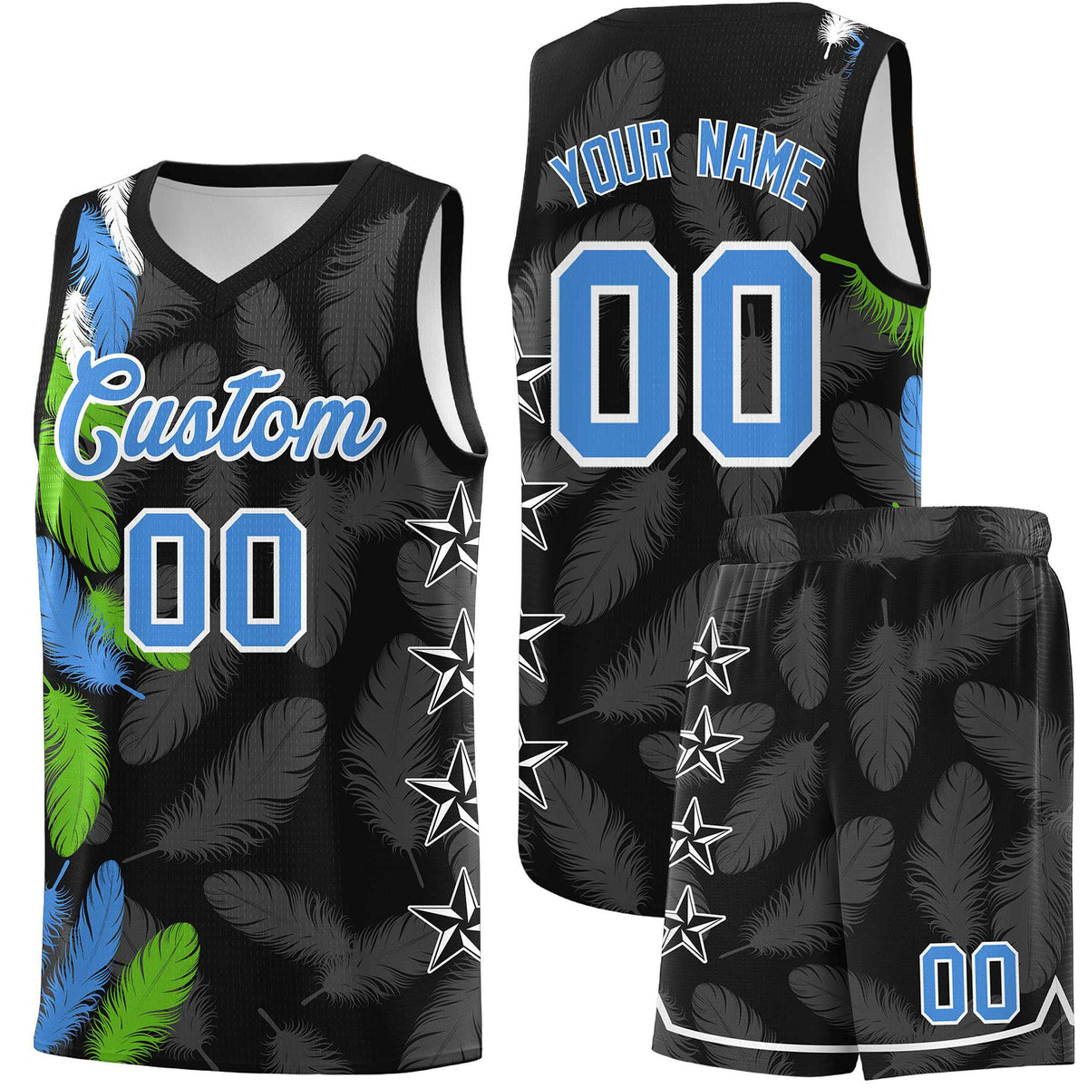 Custom Youth Basketball Jersey Black Powder Blue Feather Series Sports Uniform