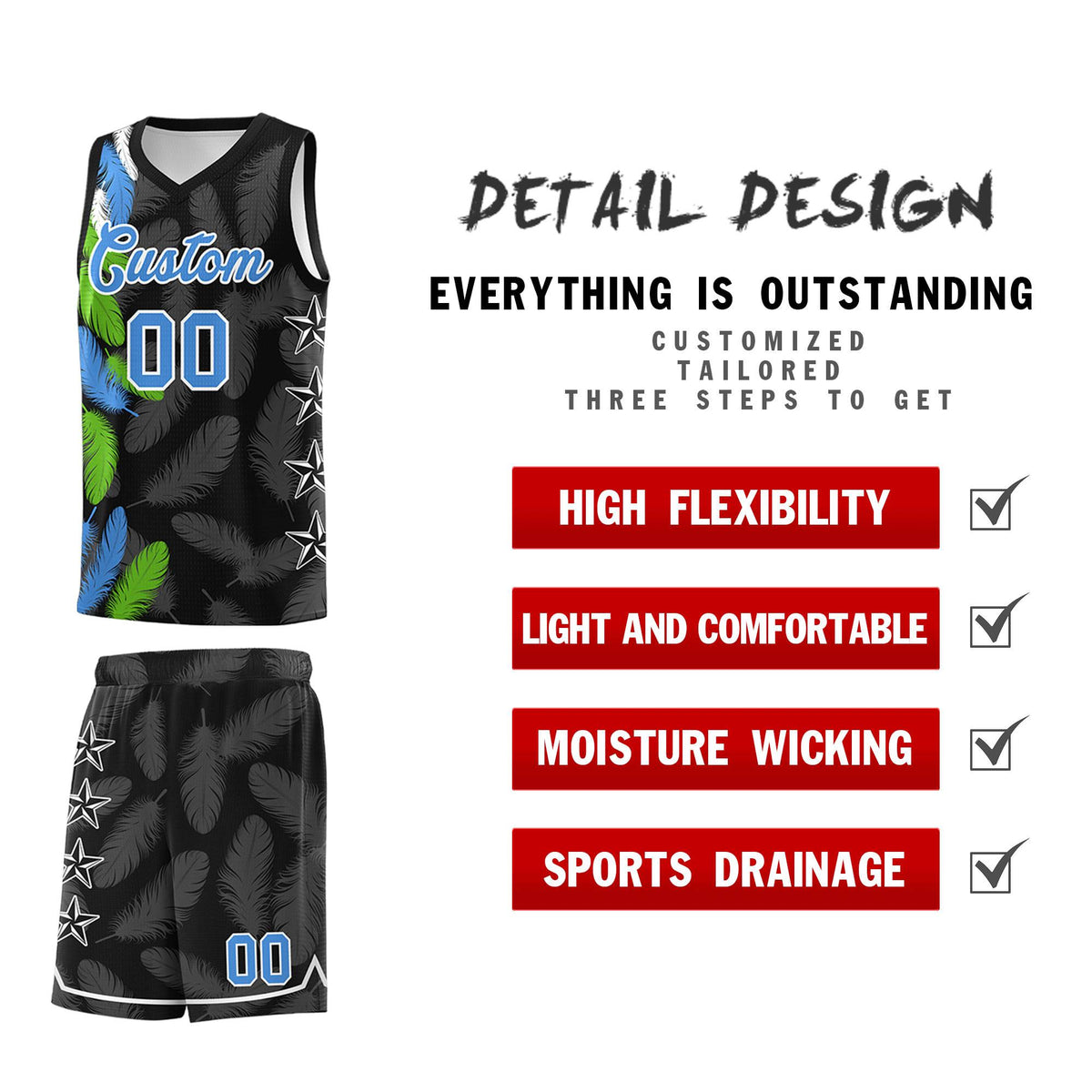 Custom Youth Basketball Jersey Black Powder Blue Feather Series Sports Uniform