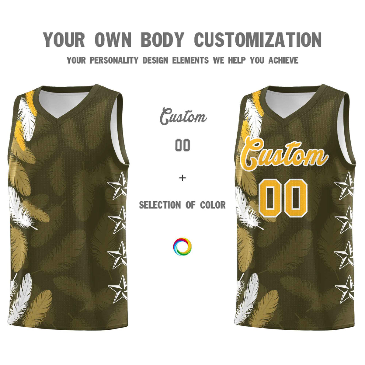 Custom Youth Basketball Jersey Olive Gold Feather Series Sports Uniform
