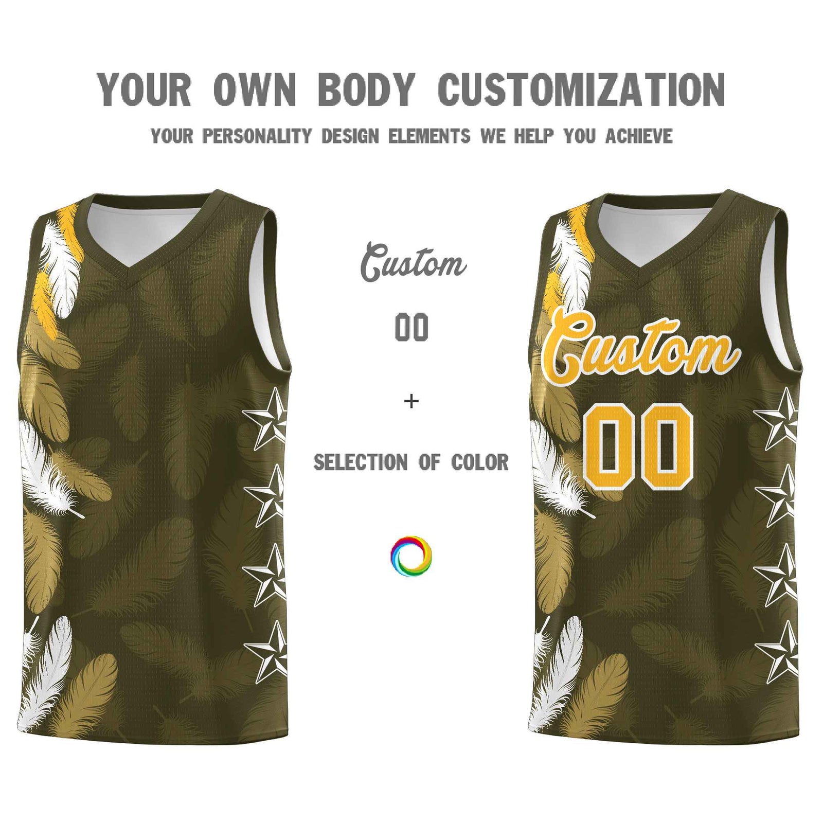Custom Youth Basketball Jersey Olive Gold Feather Series Sports Uniform