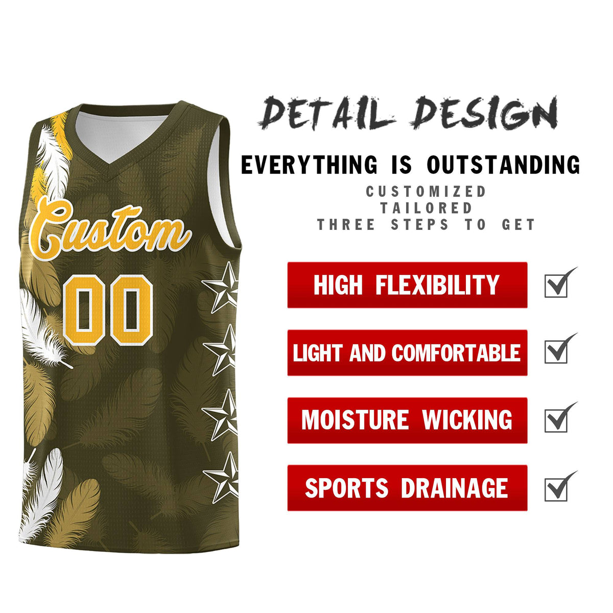 Custom Youth Basketball Jersey Olive Gold Feather Series Sports Uniform