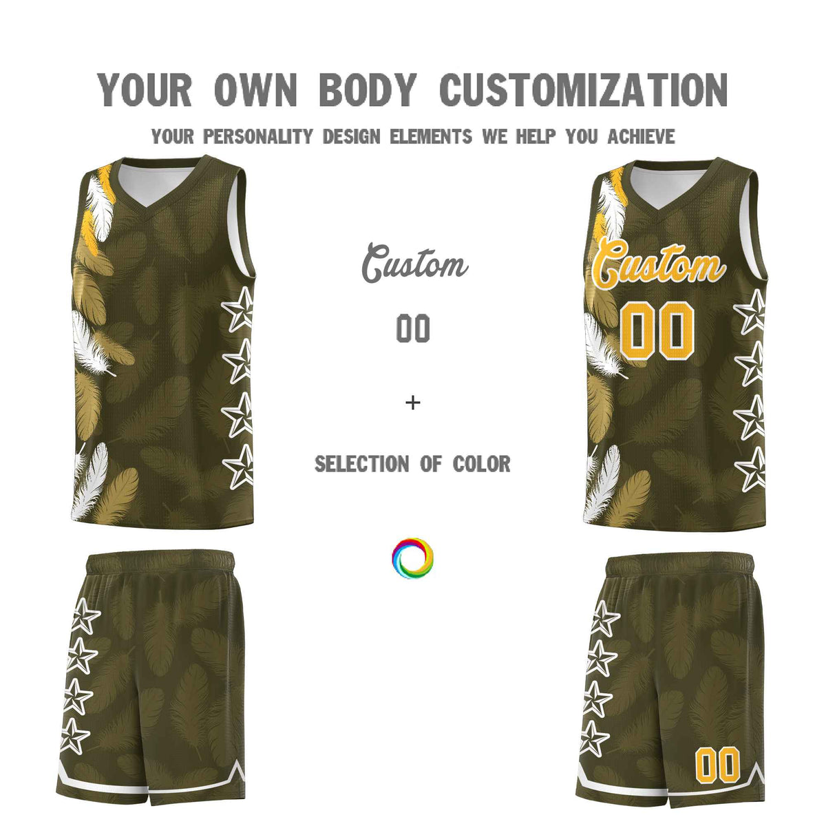 Custom Youth Basketball Jersey Olive Gold Feather Series Sports Uniform