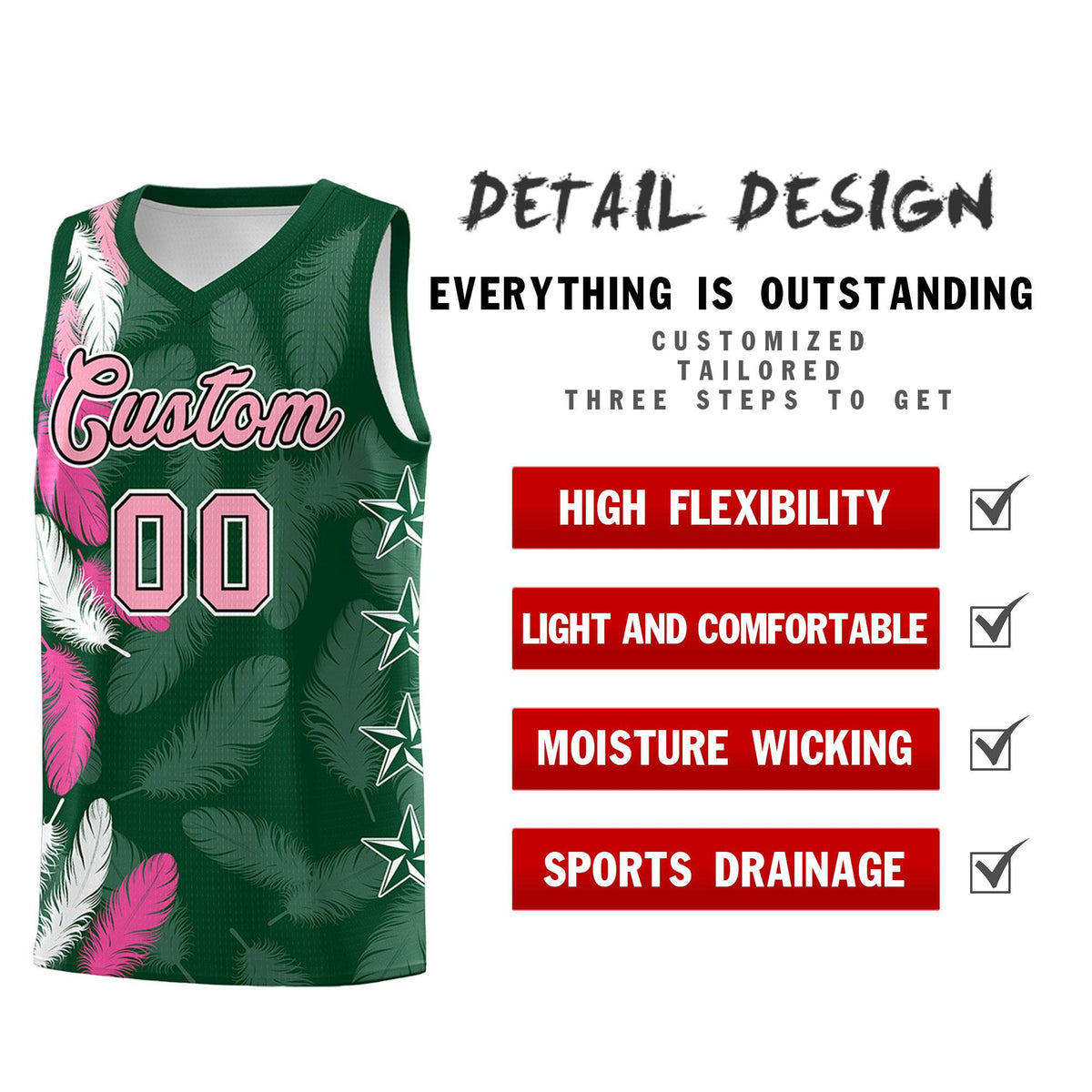 Custom Youth Basketball Jersey Green Light Pink Feather Series Sports Uniform