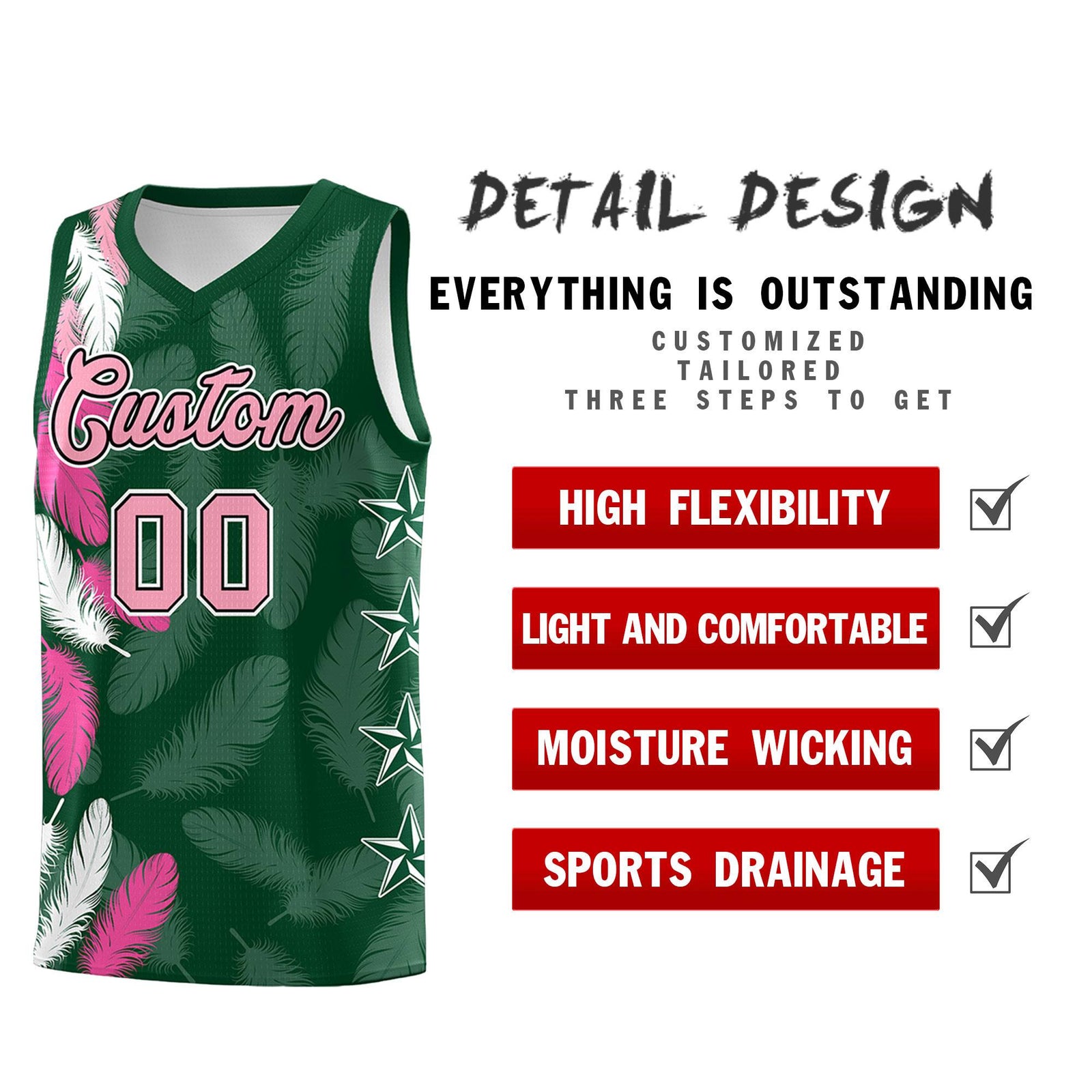 Custom Youth Basketball Jersey Green Light Pink Feather Series Sports Uniform