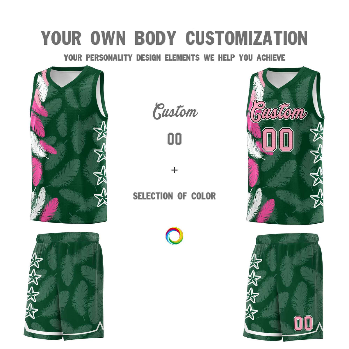Custom Youth Basketball Jersey Green Light Pink Feather Series Sports Uniform