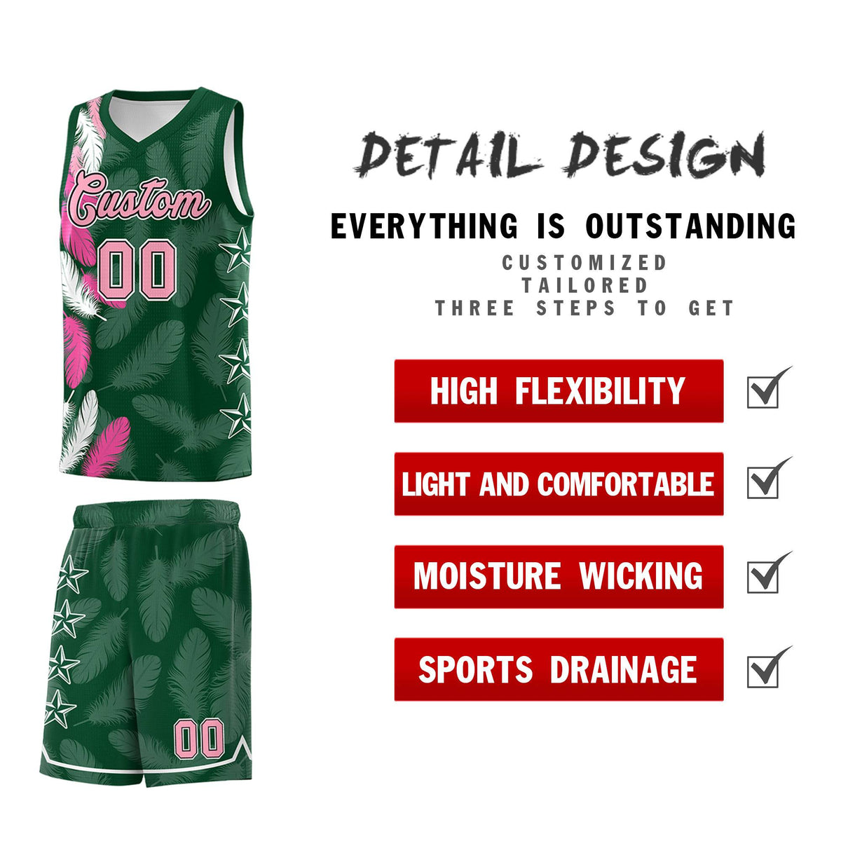 Custom Youth Basketball Jersey Green Light Pink Feather Series Sports Uniform
