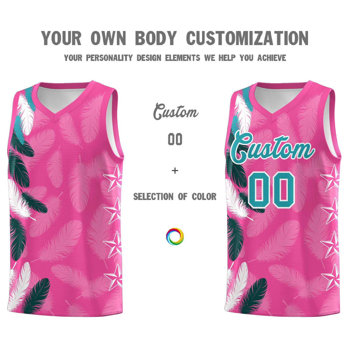 Custom Youth Basketball Jersey Pink Aqua Feather Series Sports Uniform