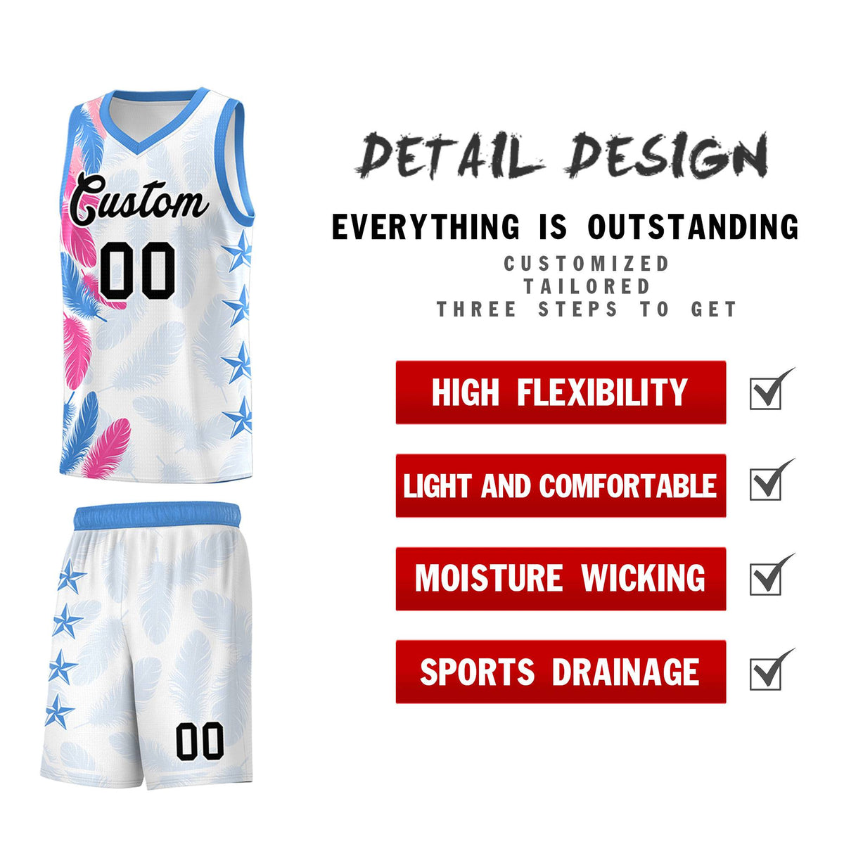 Custom Youth Basketball Jersey White Black Feather Series Sports Uniform