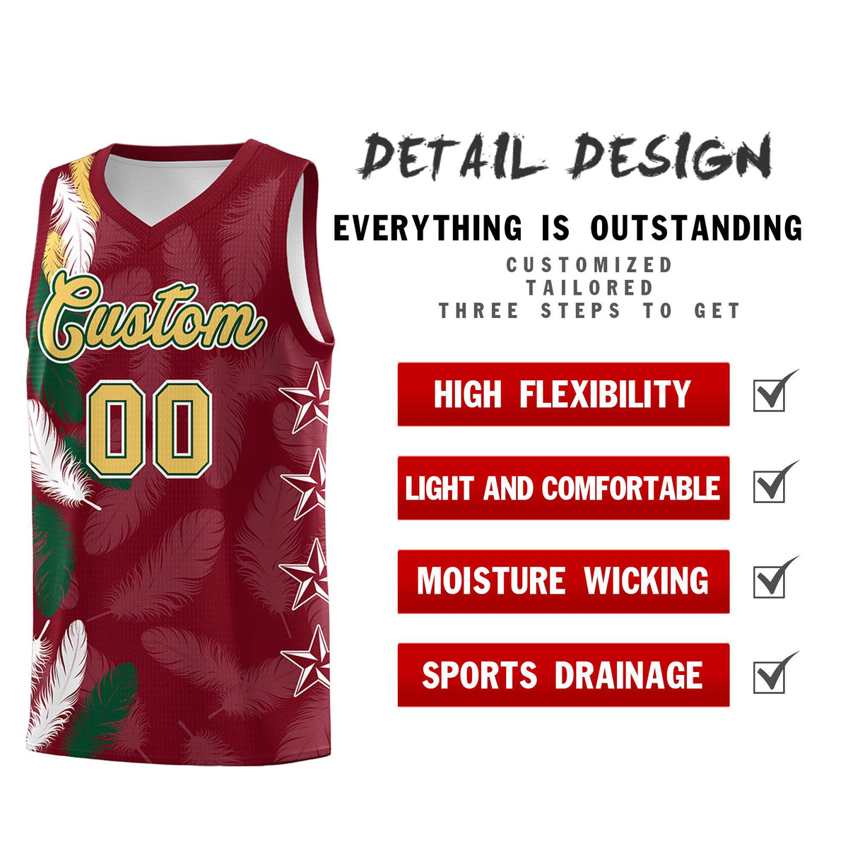 Custom Youth Basketball Jersey Crimson Old Gold Feather Series Sports Uniform