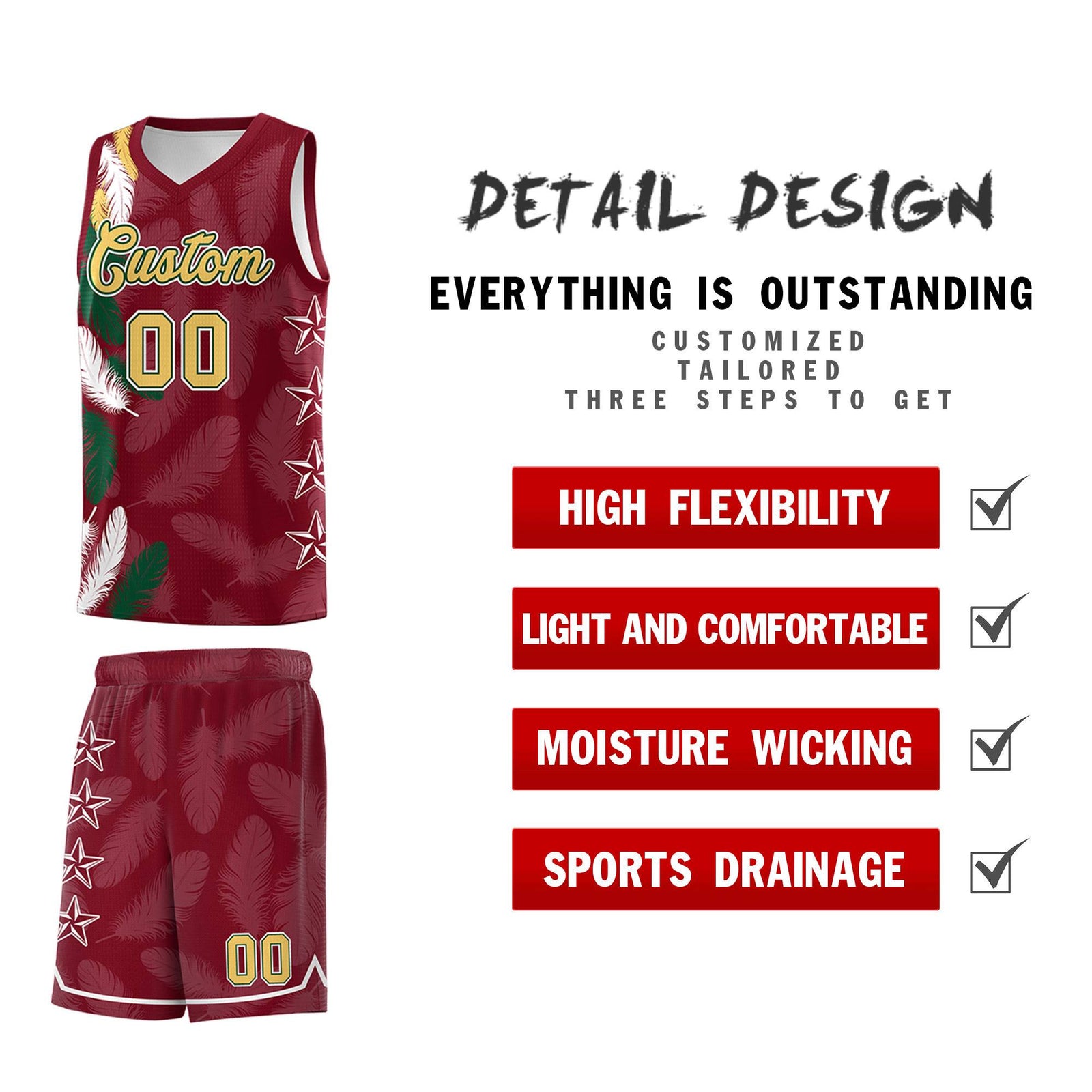 Custom Youth Basketball Jersey Crimson Old Gold Feather Series Sports Uniform