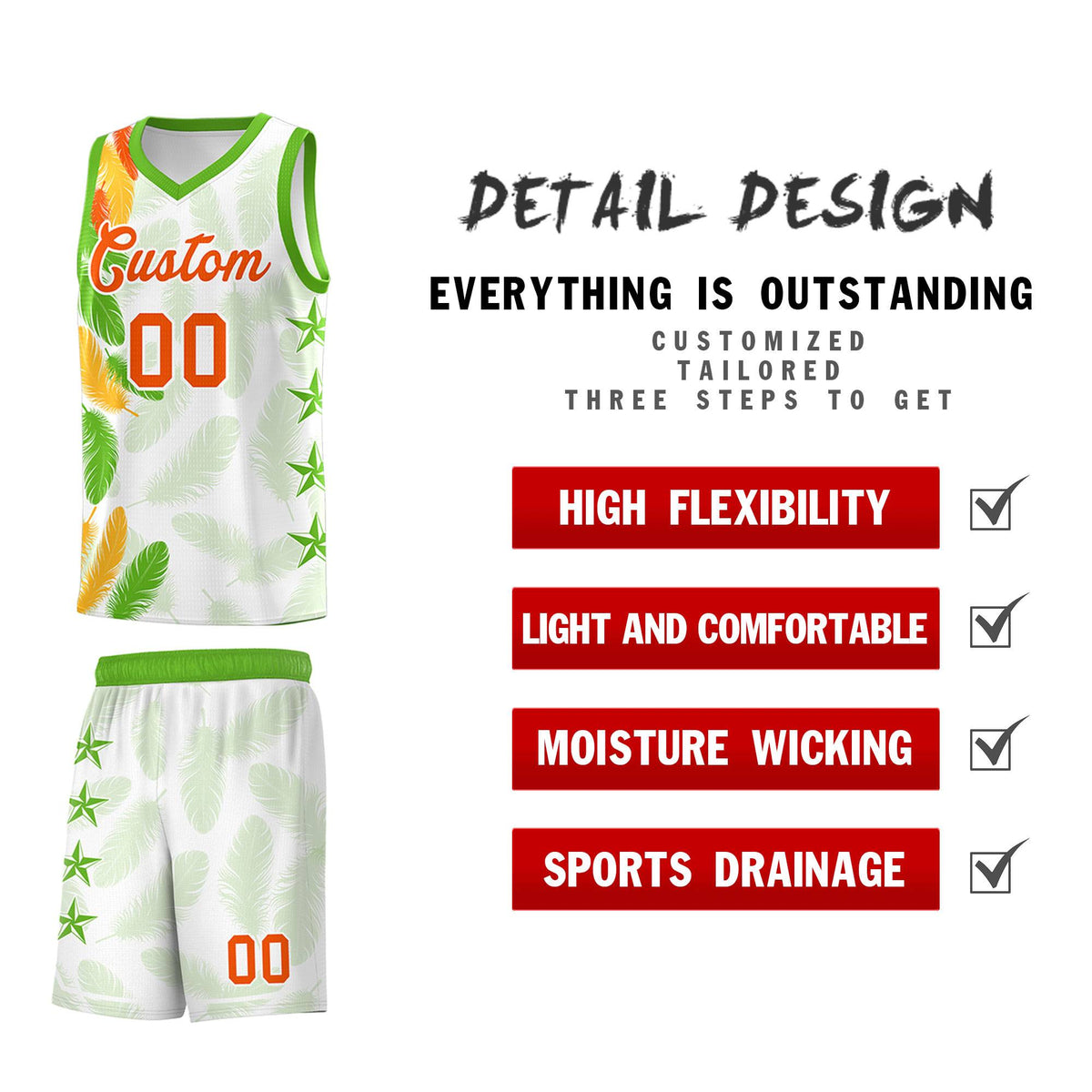 Custom Youth Basketball Jersey White Orange Feather Series Sports Uniform