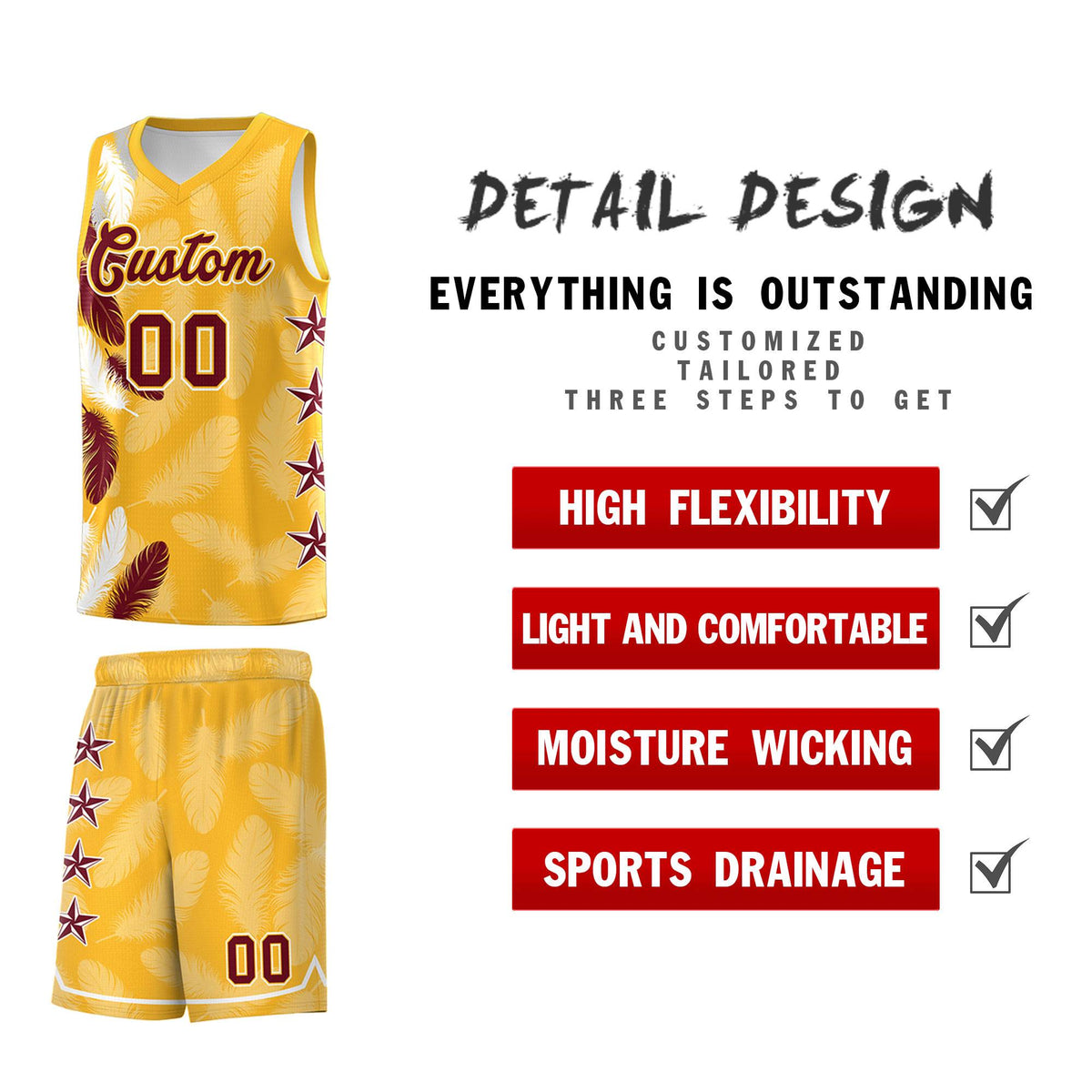 Custom Youth Basketball Jersey Gold Crimson Feather Series Sports Uniform