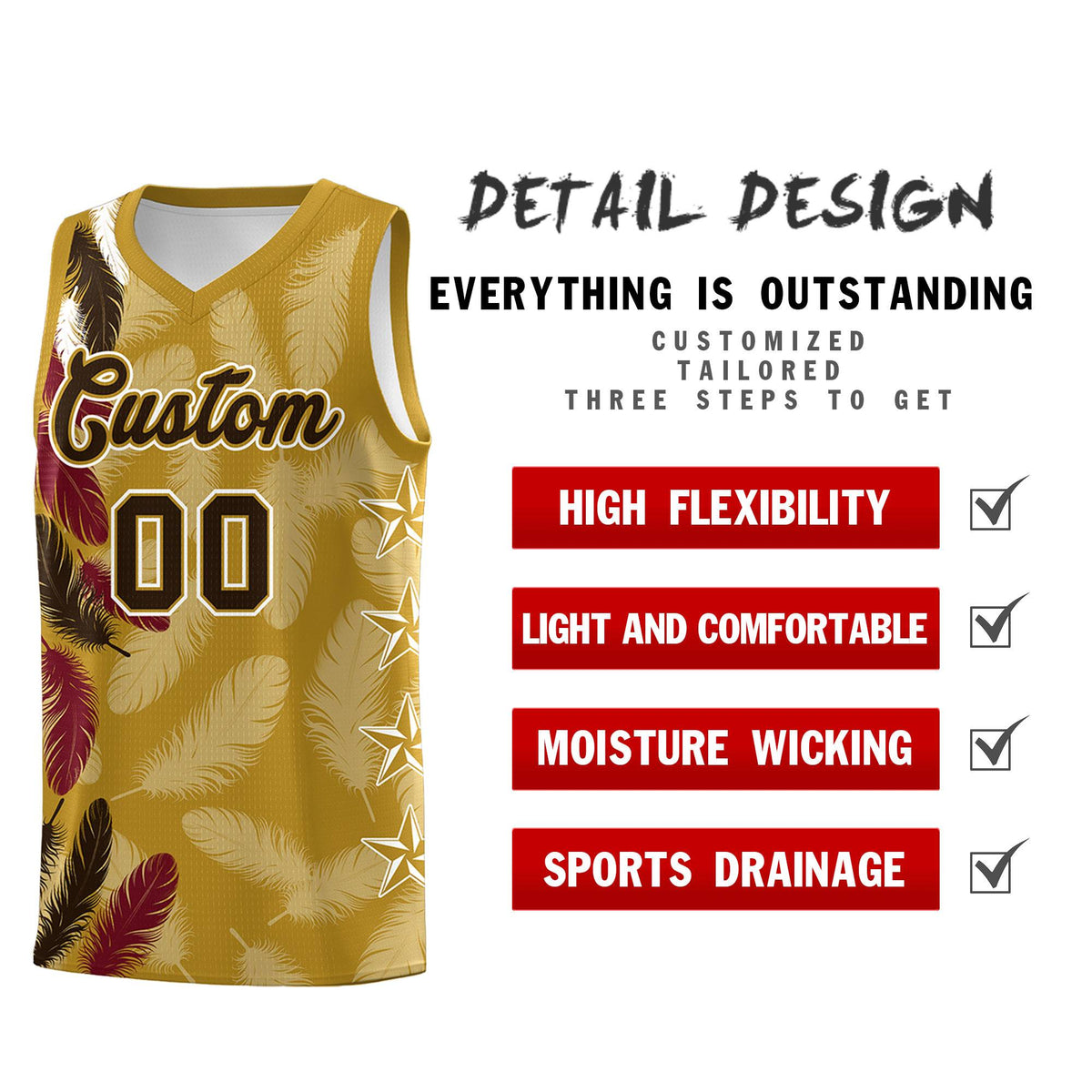 Custom Youth Basketball Jersey Old Gold Brown Feather Series Sports Uniform