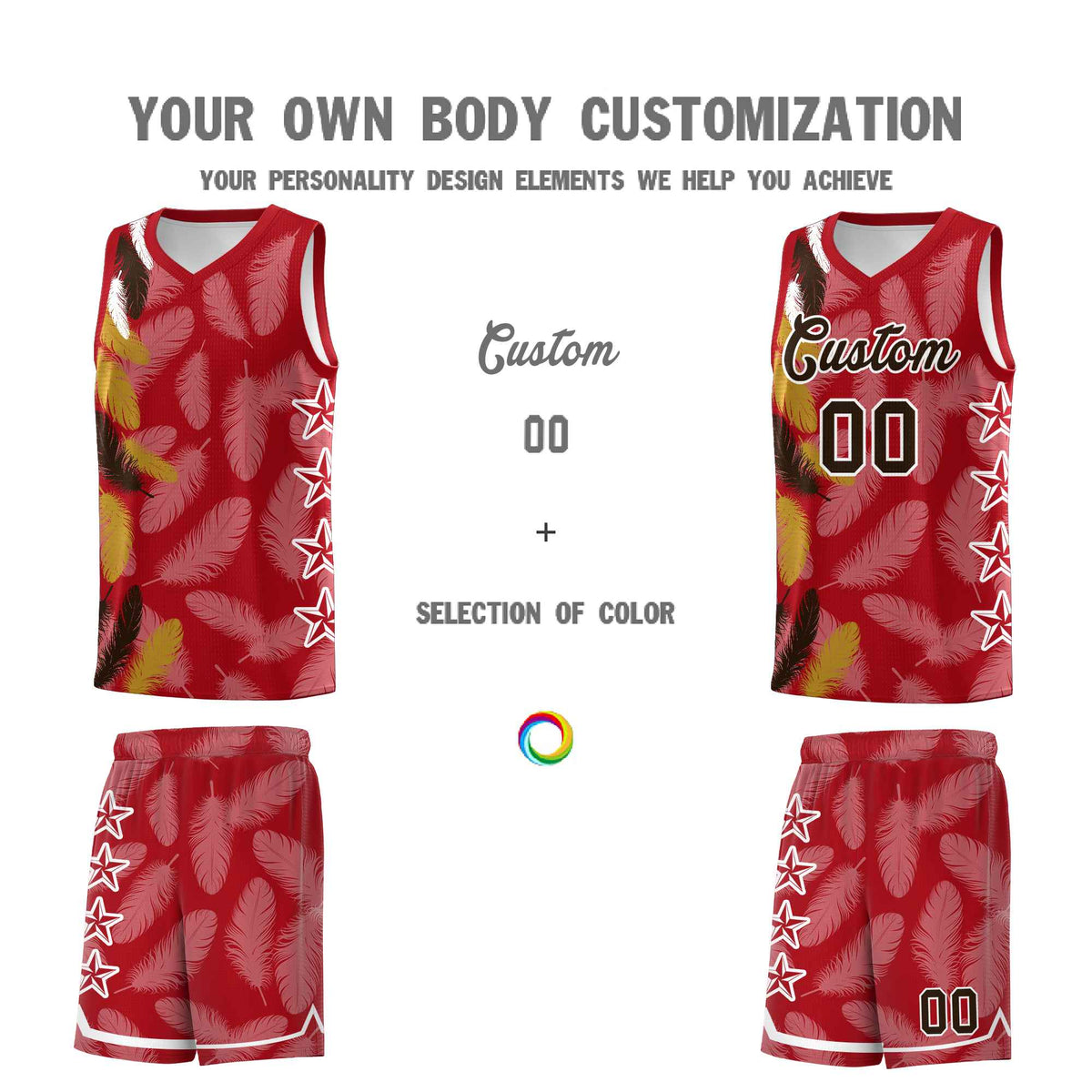 Custom Youth Basketball Jersey Red Brown Feather Series Sports Uniform