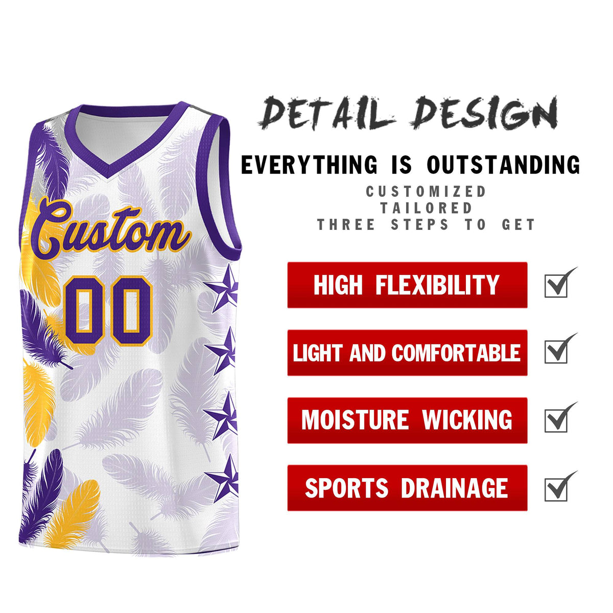 Custom Youth Basketball Jersey White Purple Feather Series Sports Uniform