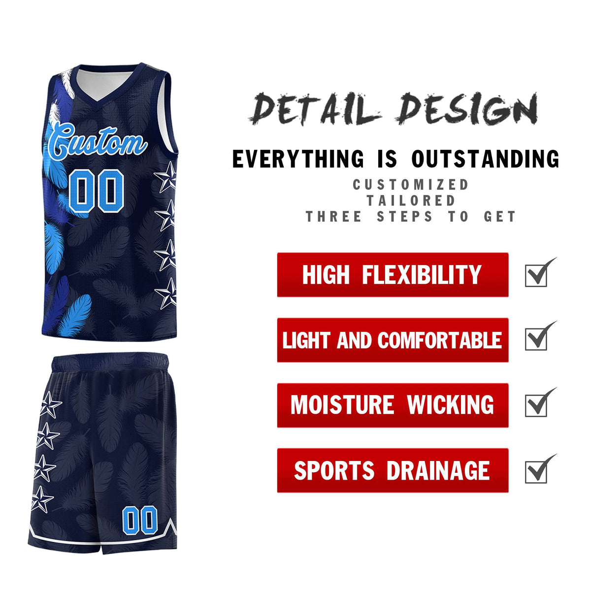 Custom Youth Basketball Jersey Navy Powder Blue Feather Series Sports Uniform