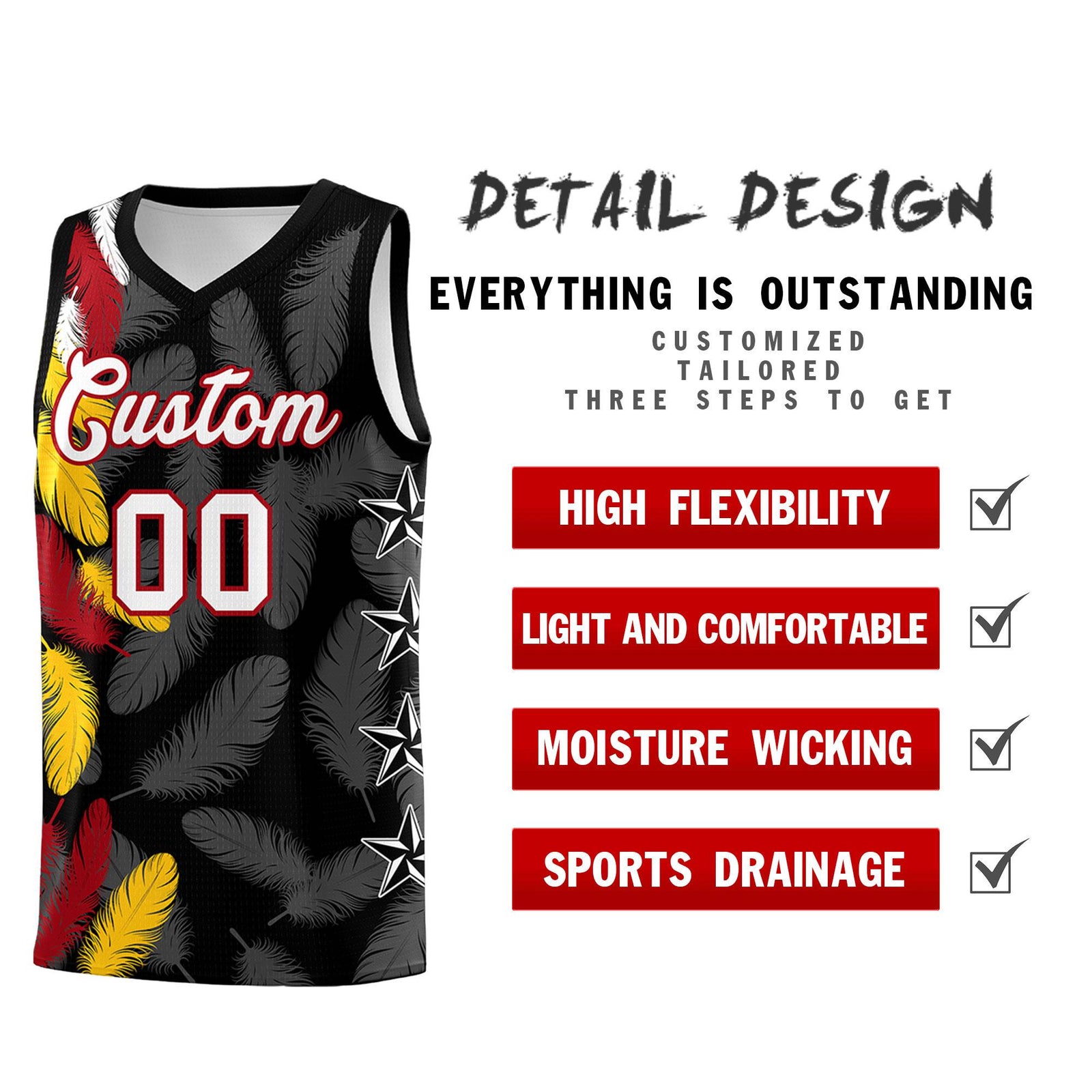 Custom Youth Basketball Jersey Black White Feather Series Sports Uniform