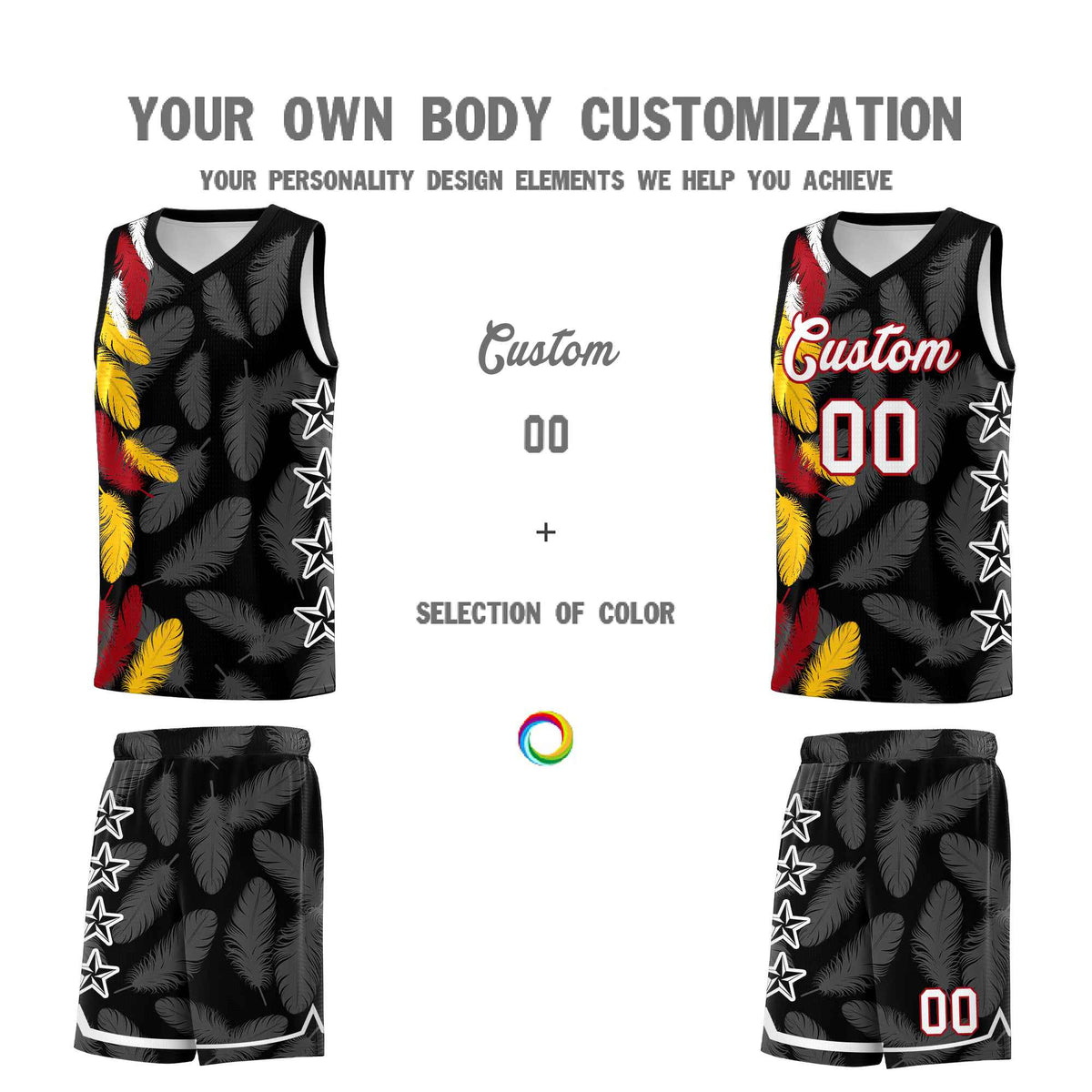 Custom Youth Basketball Jersey Black White Feather Series Sports Uniform