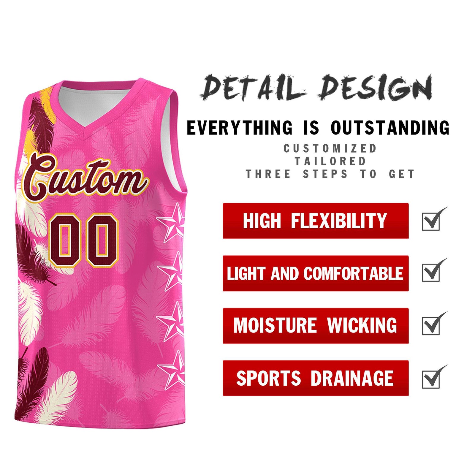 Custom Youth Basketball Jersey Pink Crimson Feather Series Sports Uniform