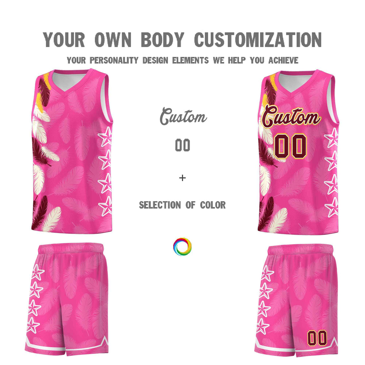 Custom Youth Basketball Jersey Pink Crimson Feather Series Sports Uniform