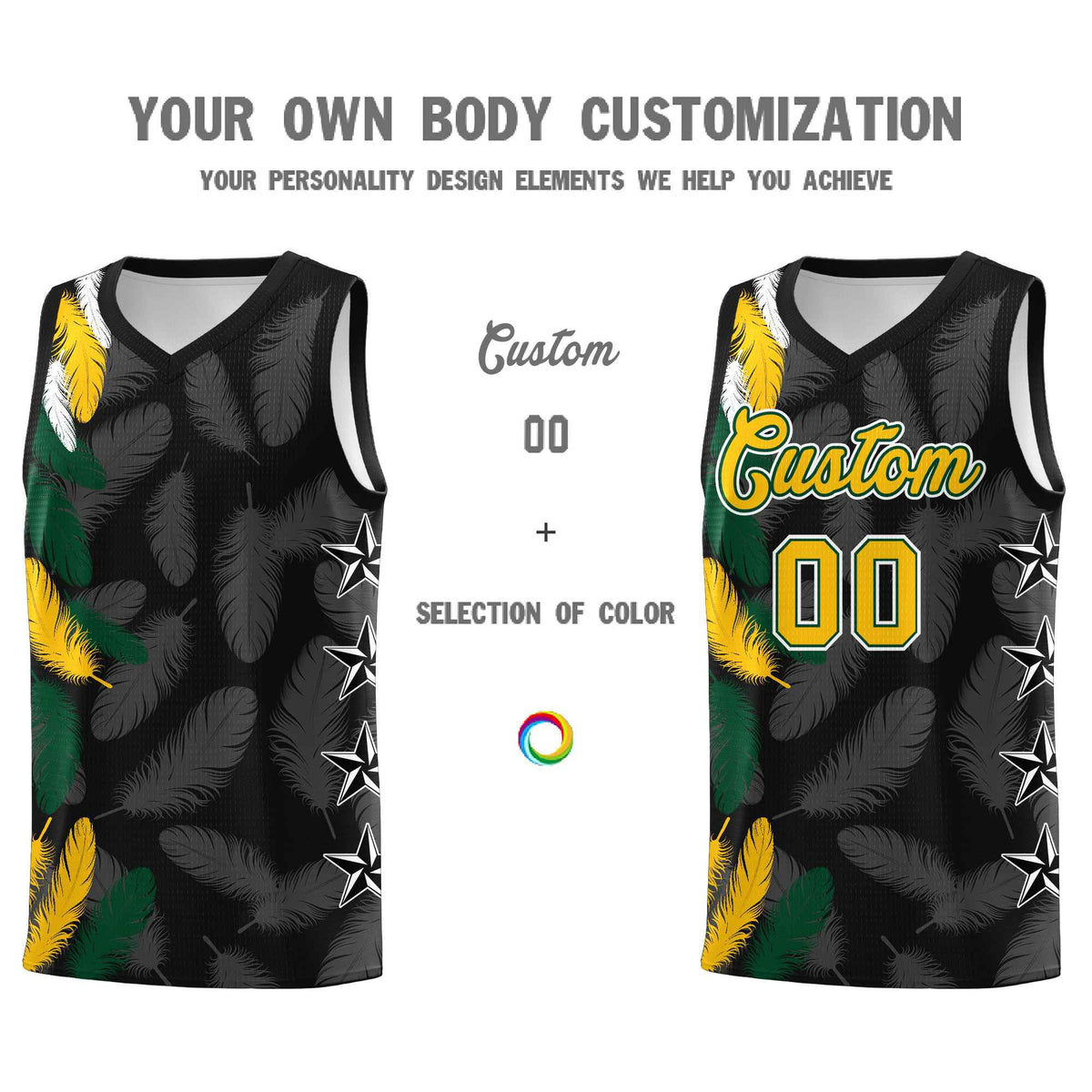Custom Youth Basketball Jersey Black Gold Feather Series Sports Uniform