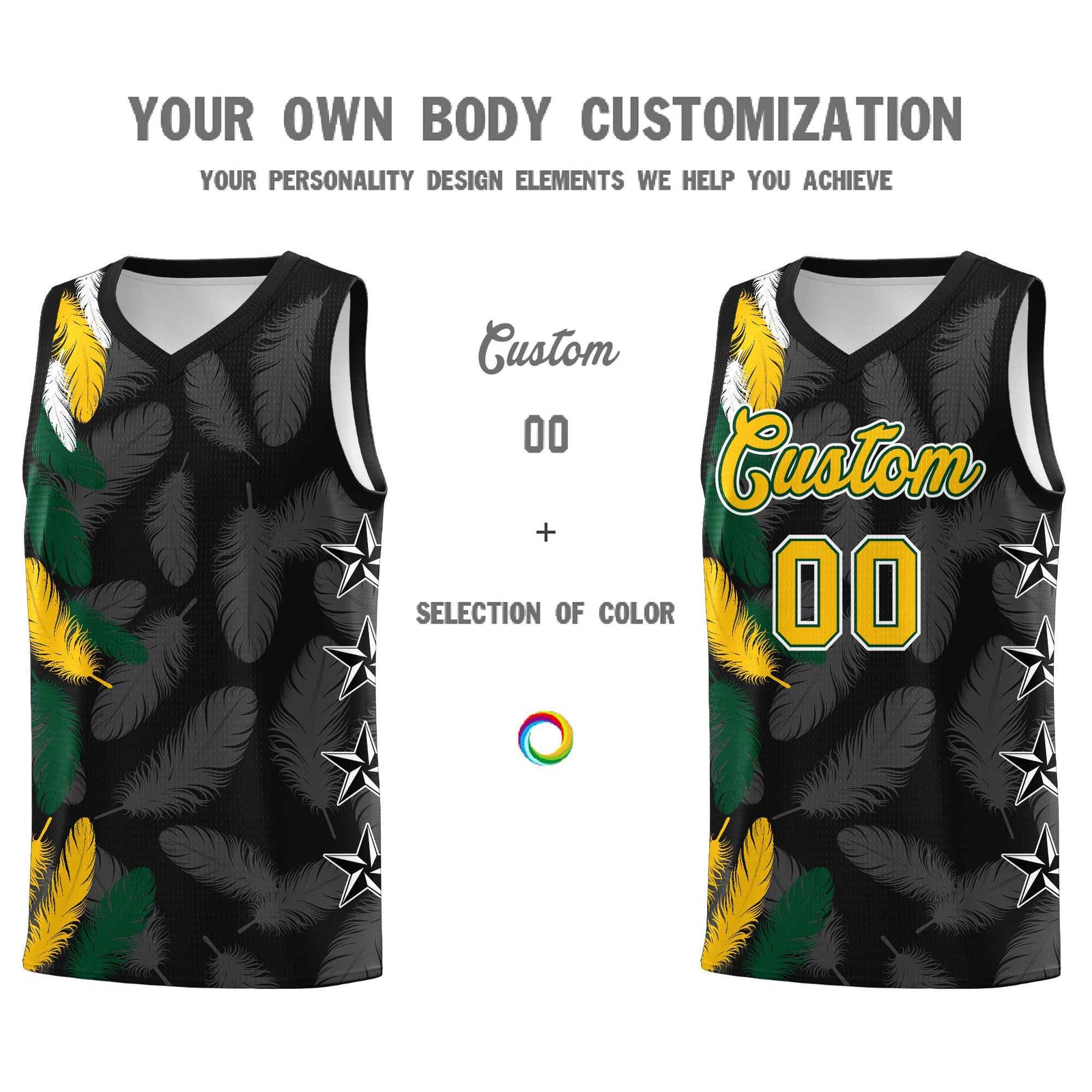 Custom Youth Basketball Jersey Black Gold Feather Series Sports Uniform