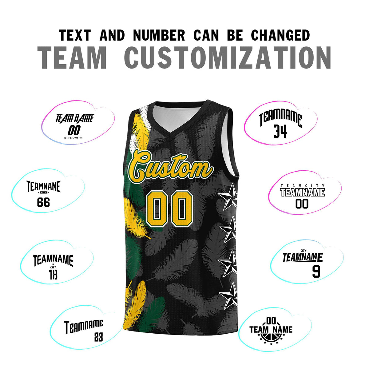 Custom Youth Basketball Jersey Black Gold Feather Series Sports Uniform