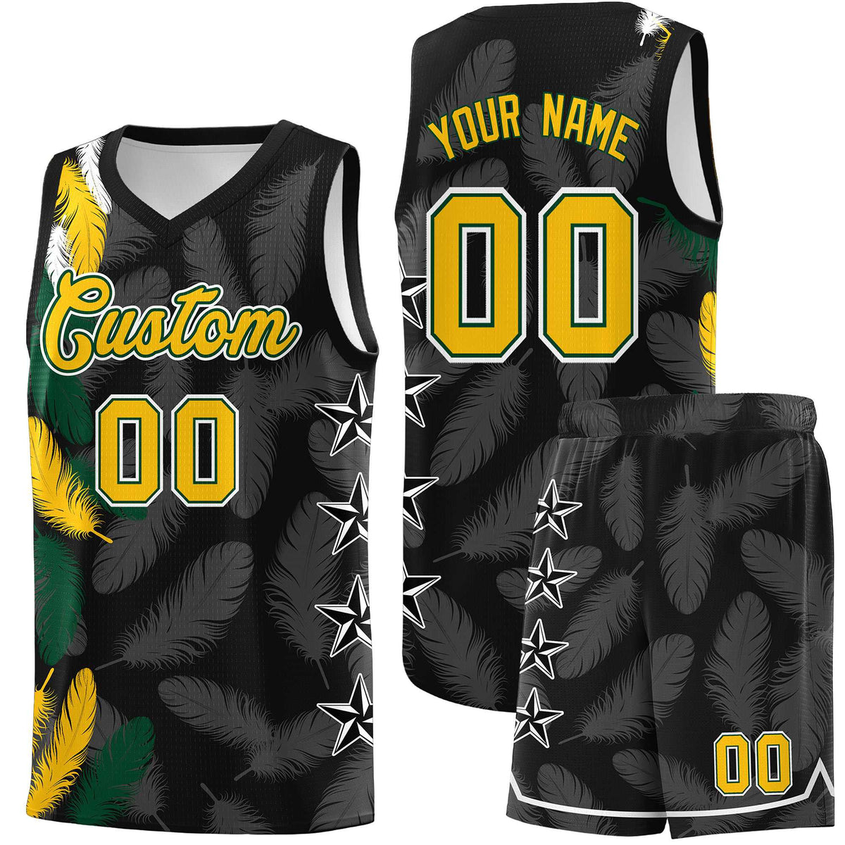 Custom Youth Basketball Jersey Black Gold Feather Series Sports Uniform