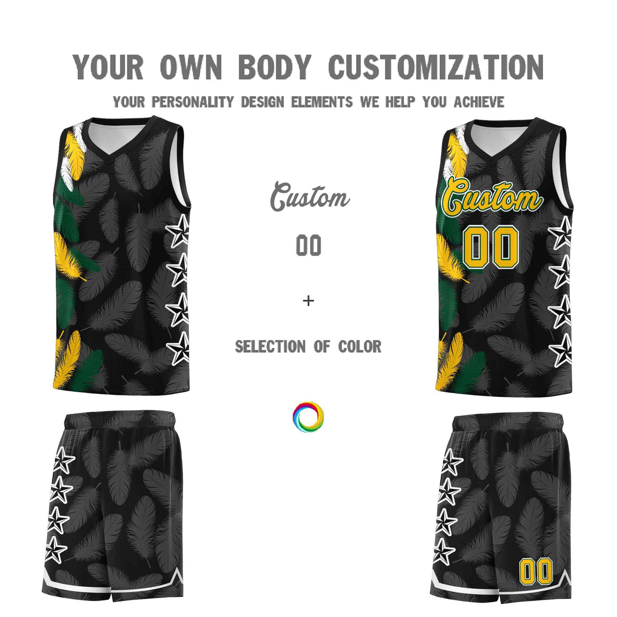 Custom Youth Basketball Jersey Black Gold Feather Series Sports Uniform