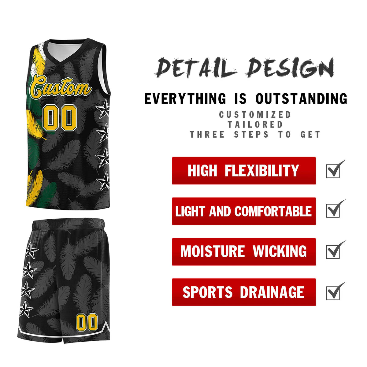 Custom Youth Basketball Jersey Black Gold Feather Series Sports Uniform