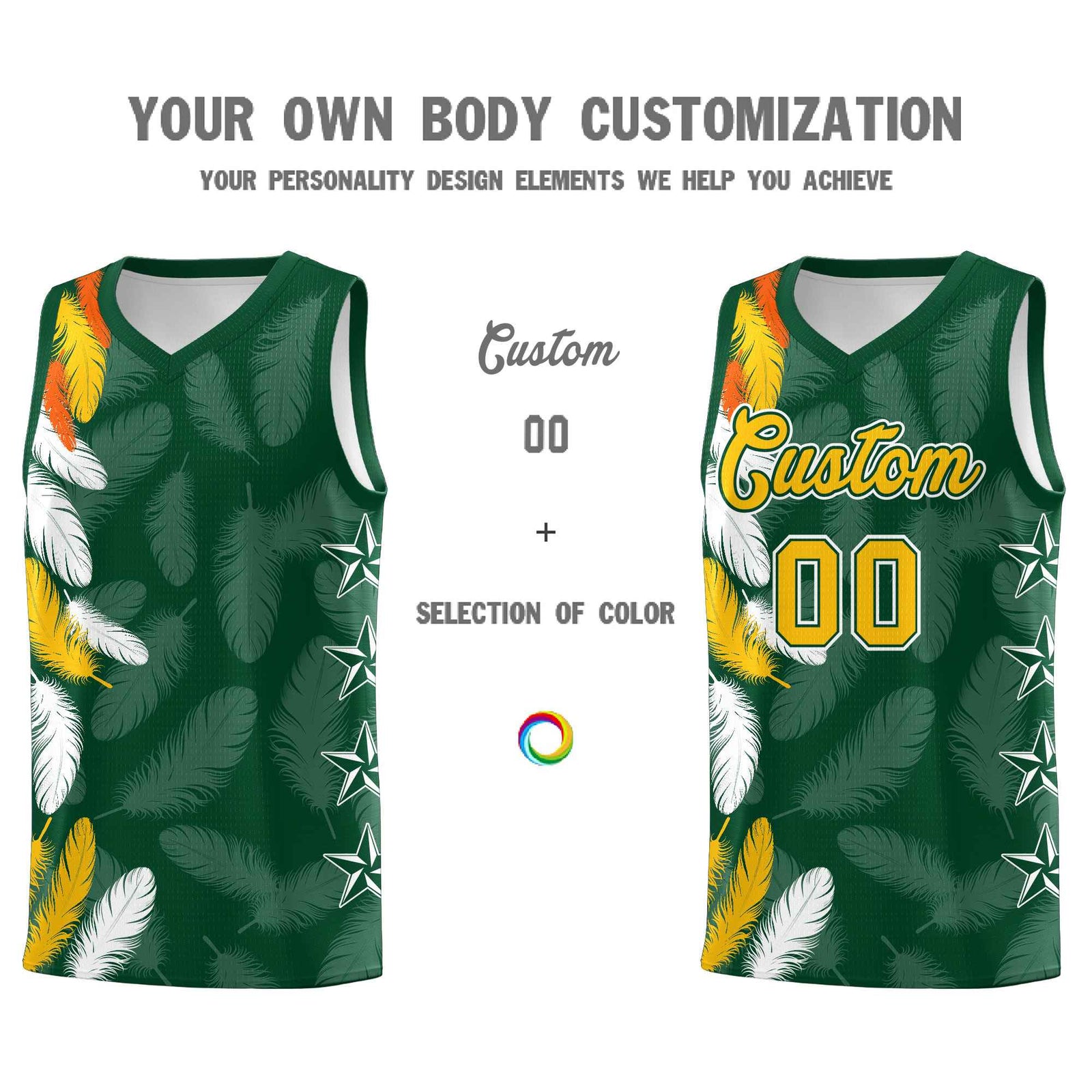Custom Youth Basketball Jersey Green Gold Feather Series Sports Uniform