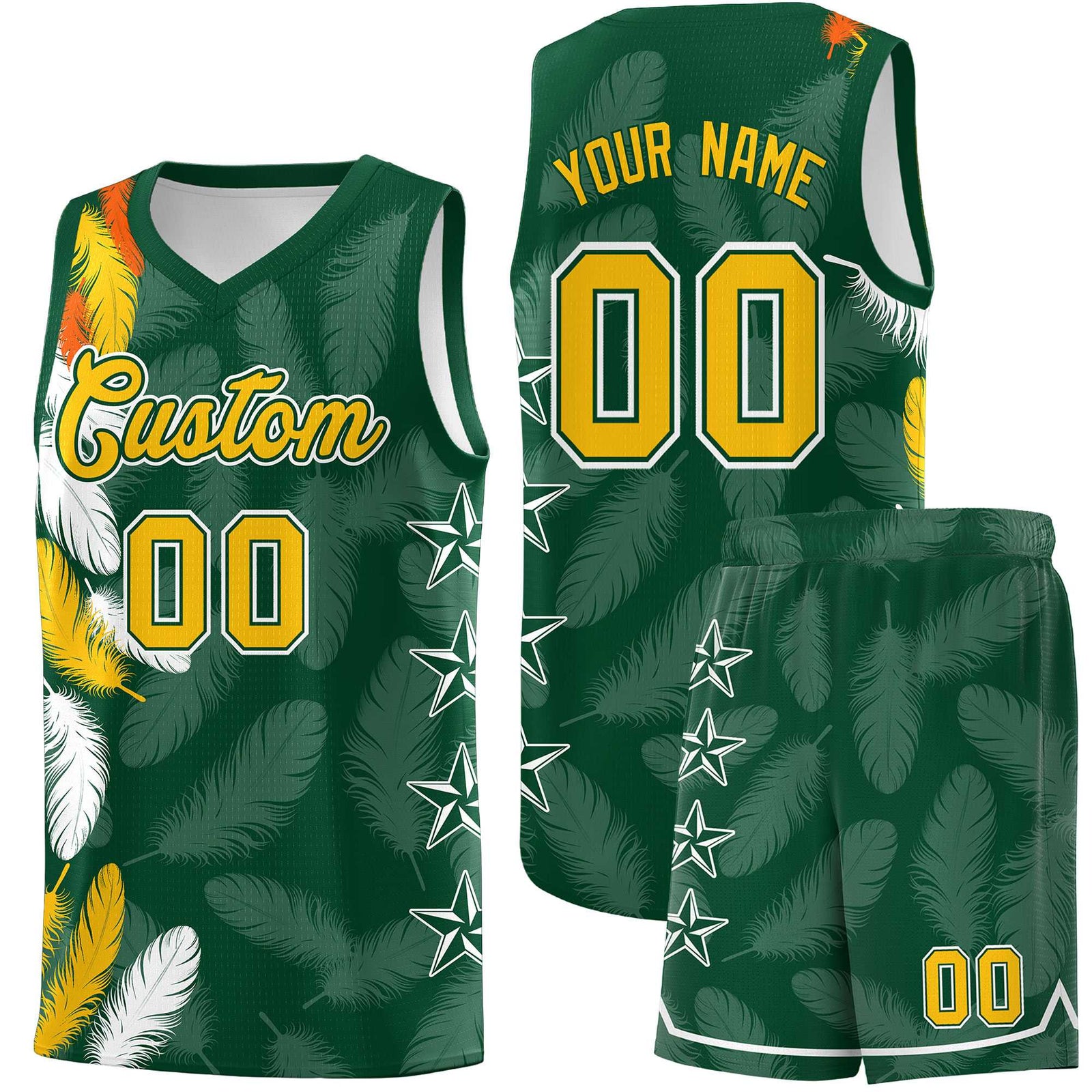Custom Youth Basketball Jersey Green Gold Feather Series Sports Uniform