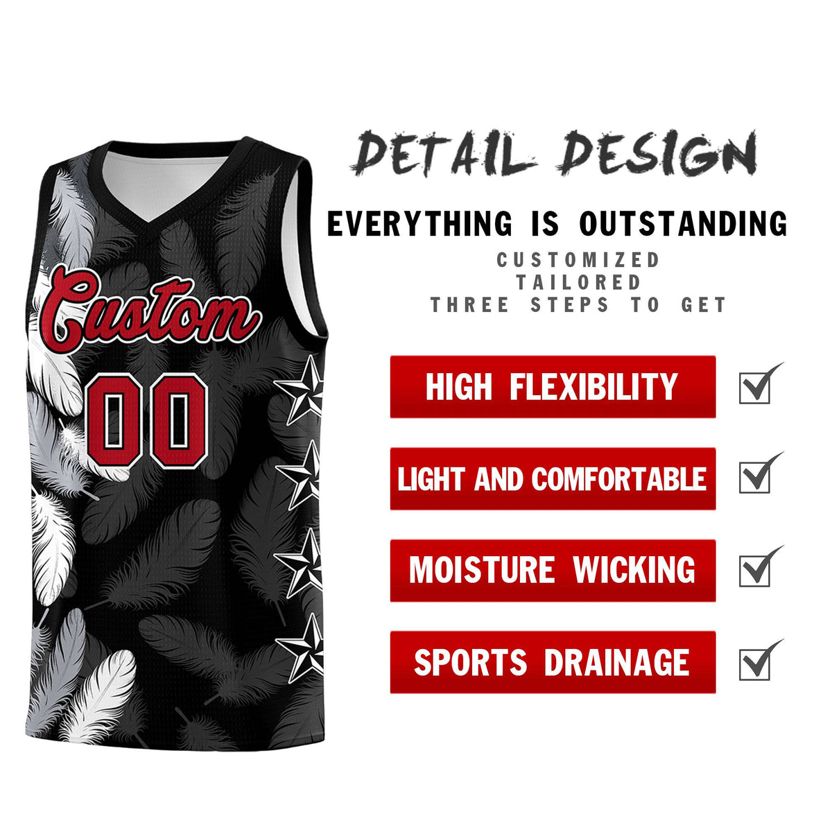 Custom Youth Basketball Jersey Black Red Feather Series Sports Uniform
